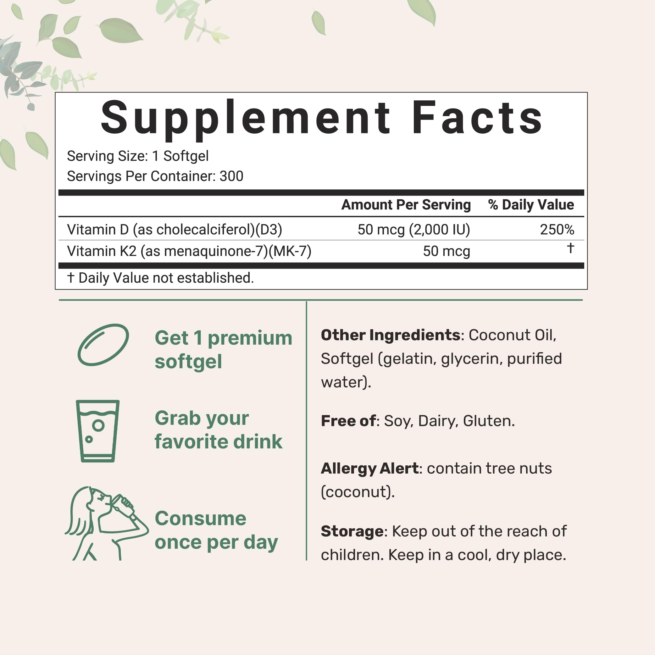 Foto 3 pulgar | Suplemento De Microingredientes: Vitamina D3, 2000 Ui + K2, 50 Mcg - Venta Internacional.