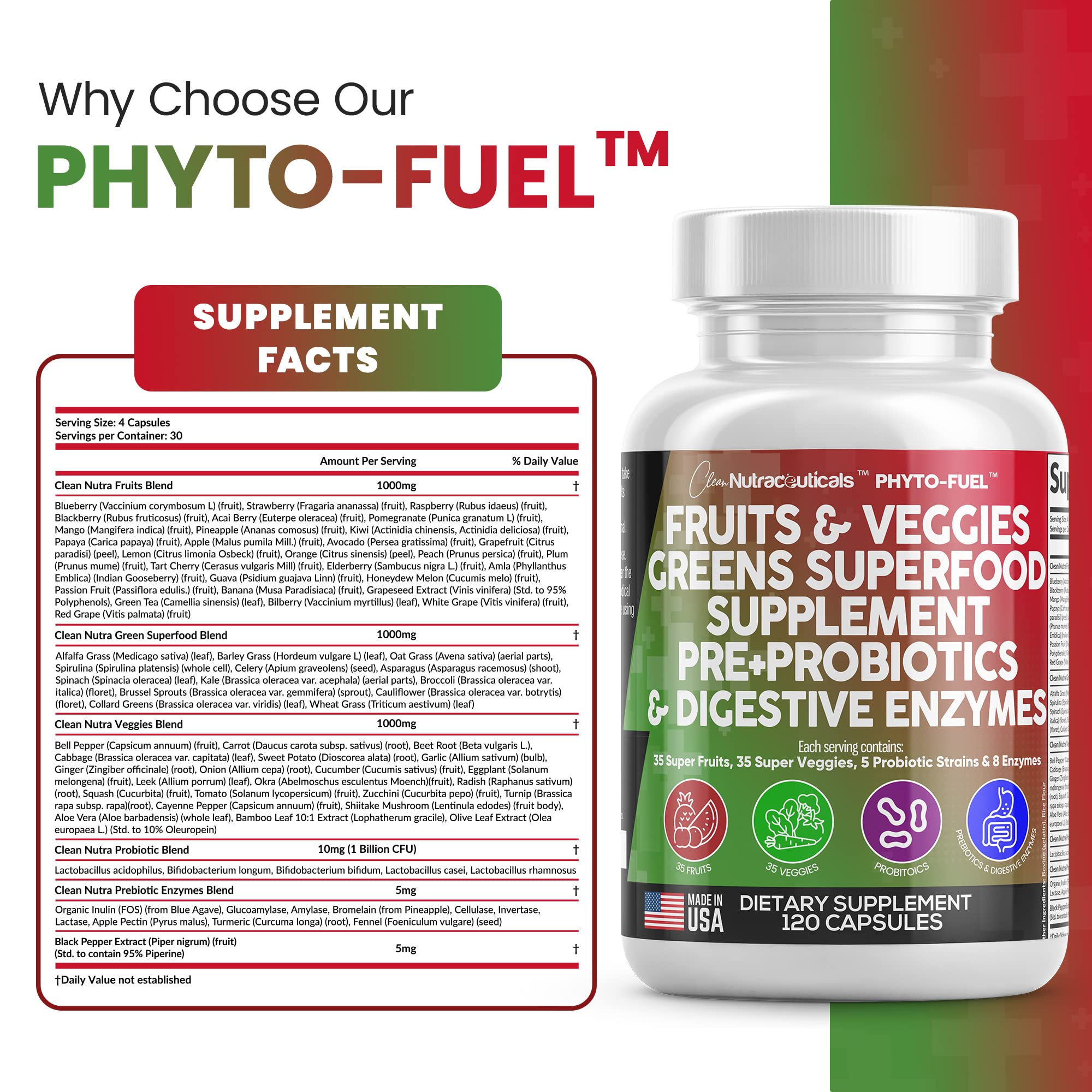 Foto 4 pulgar | Supplement Clean Nutraceuticals, Frutas Y Verduras, 120 Cápsulas - Venta Internacional.