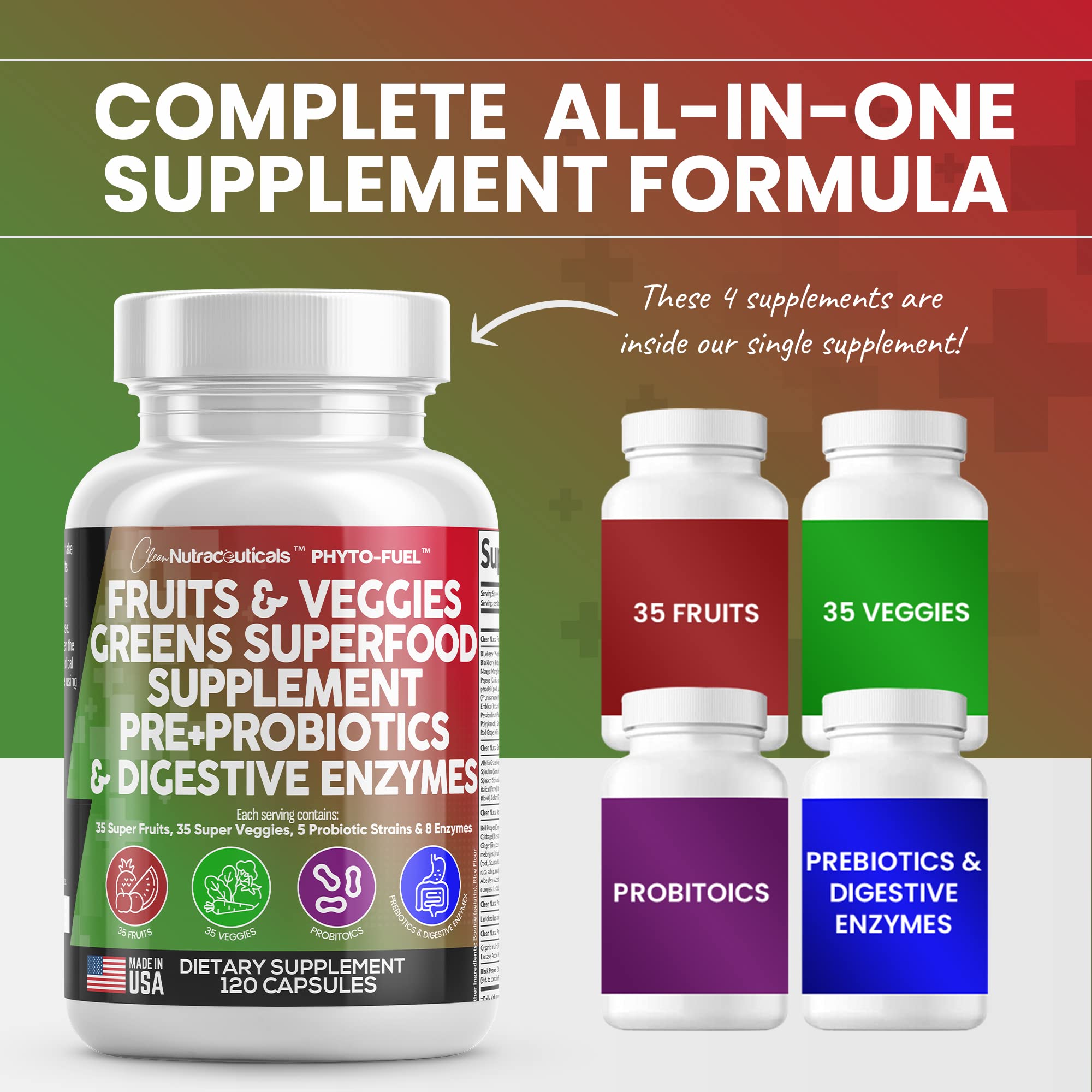 Foto 5 pulgar | Supplement Clean Nutraceuticals, Frutas Y Verduras, 120 Cápsulas - Venta Internacional.