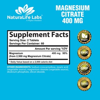 Foto 2 | Suplemento Naturalife Labs Citrato De Magnesio 400 Mg 120 Tabletas - Venta Internacional.
