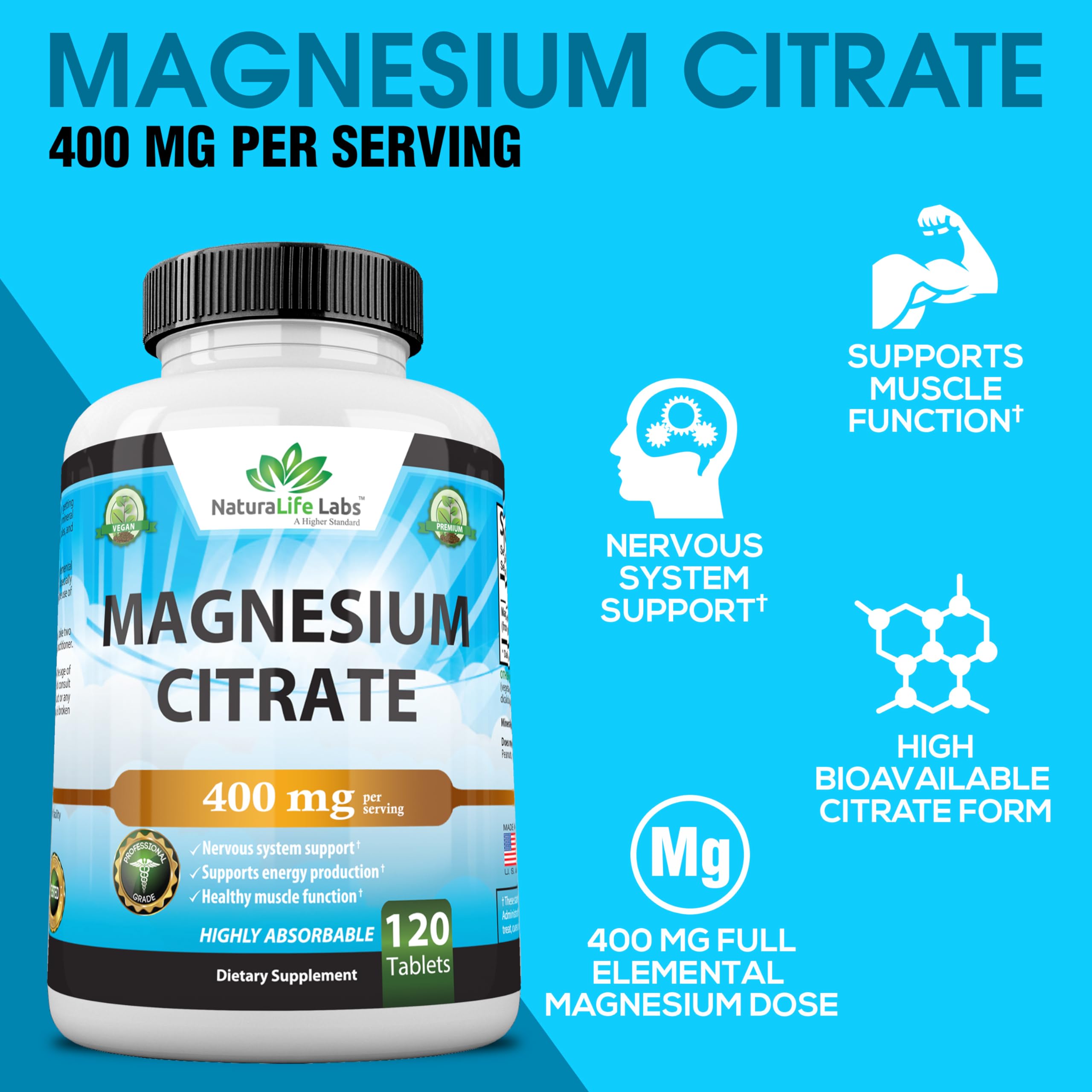 Foto 4 pulgar | Suplemento Naturalife Labs Citrato De Magnesio 400 Mg 120 Tabletas - Venta Internacional.