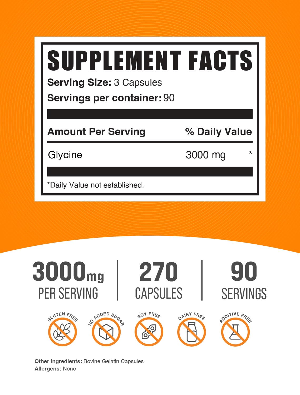 Foto 3 pulgar | Suplemento Bulksupplements.com Glicina 3000 Mg 270 Cápsulas - Venta Internacional.