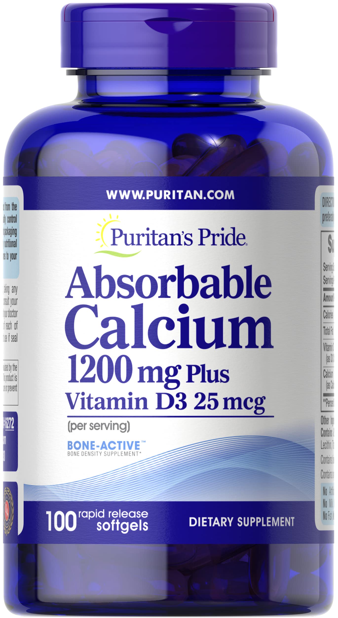 Suplemento Puritan's Pride De Calcio Absorbible De 1200 Mg Con Vitamina D 1000 Ui, 100 Cápsulas Blandas - Venta I