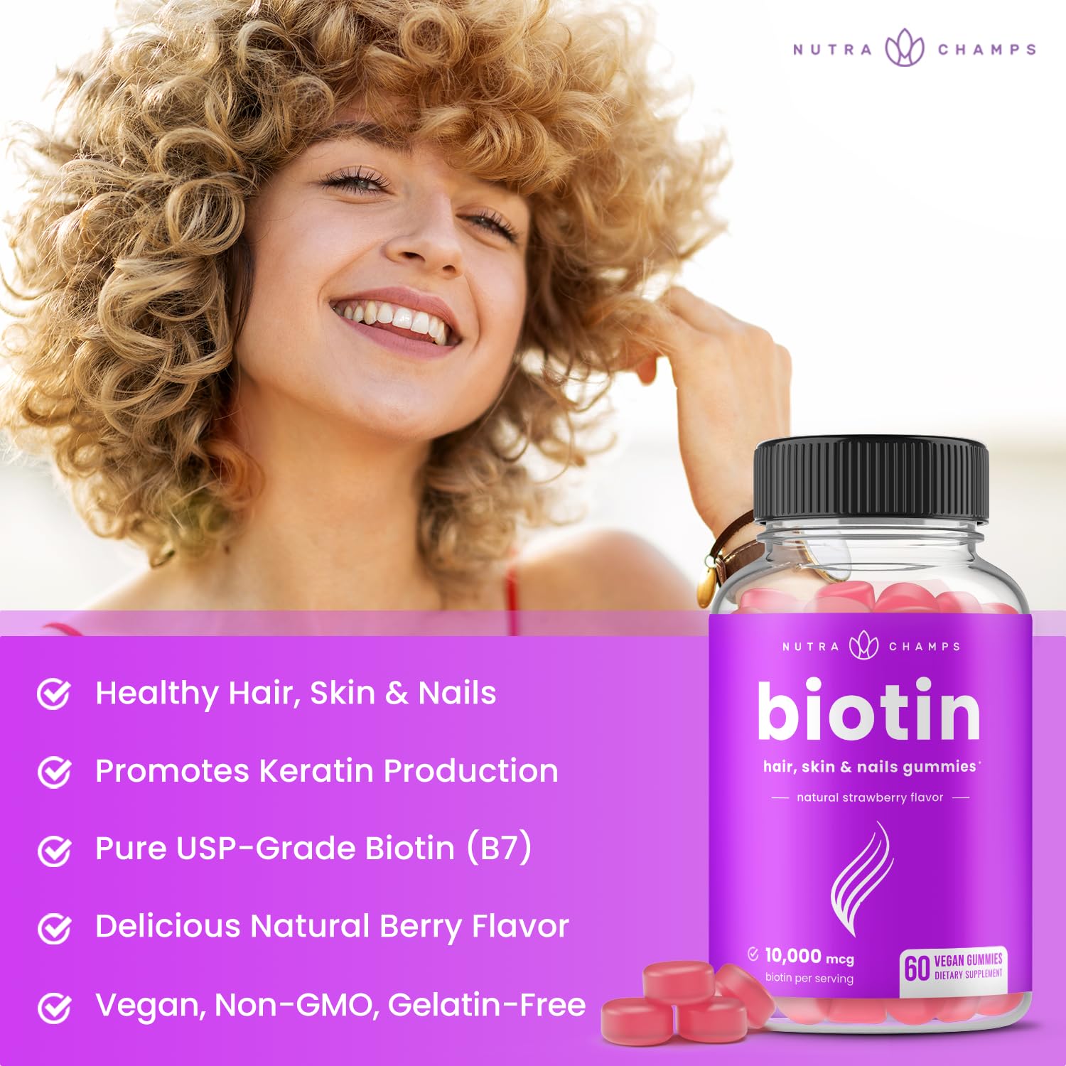 Foto 3 | Gomitas Nutrachamps Biotina 10000 Mcg De Alta Potencia 5000 Mcg X30 - Venta Internacional.