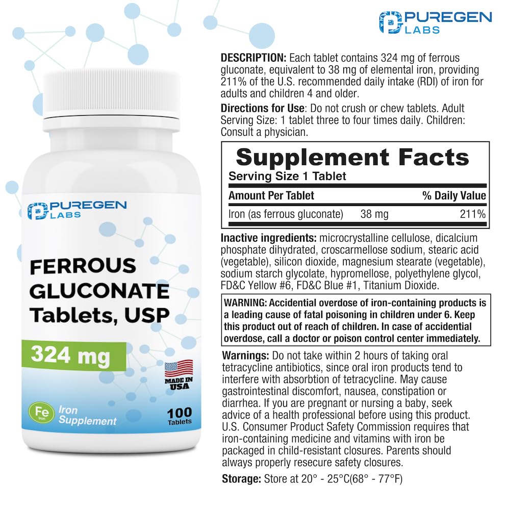 Foto 3 pulgar | Suplemento De Hierro Puregen Labs Gluconato Ferroso 324 Mg X 100 - Venta Internacional.