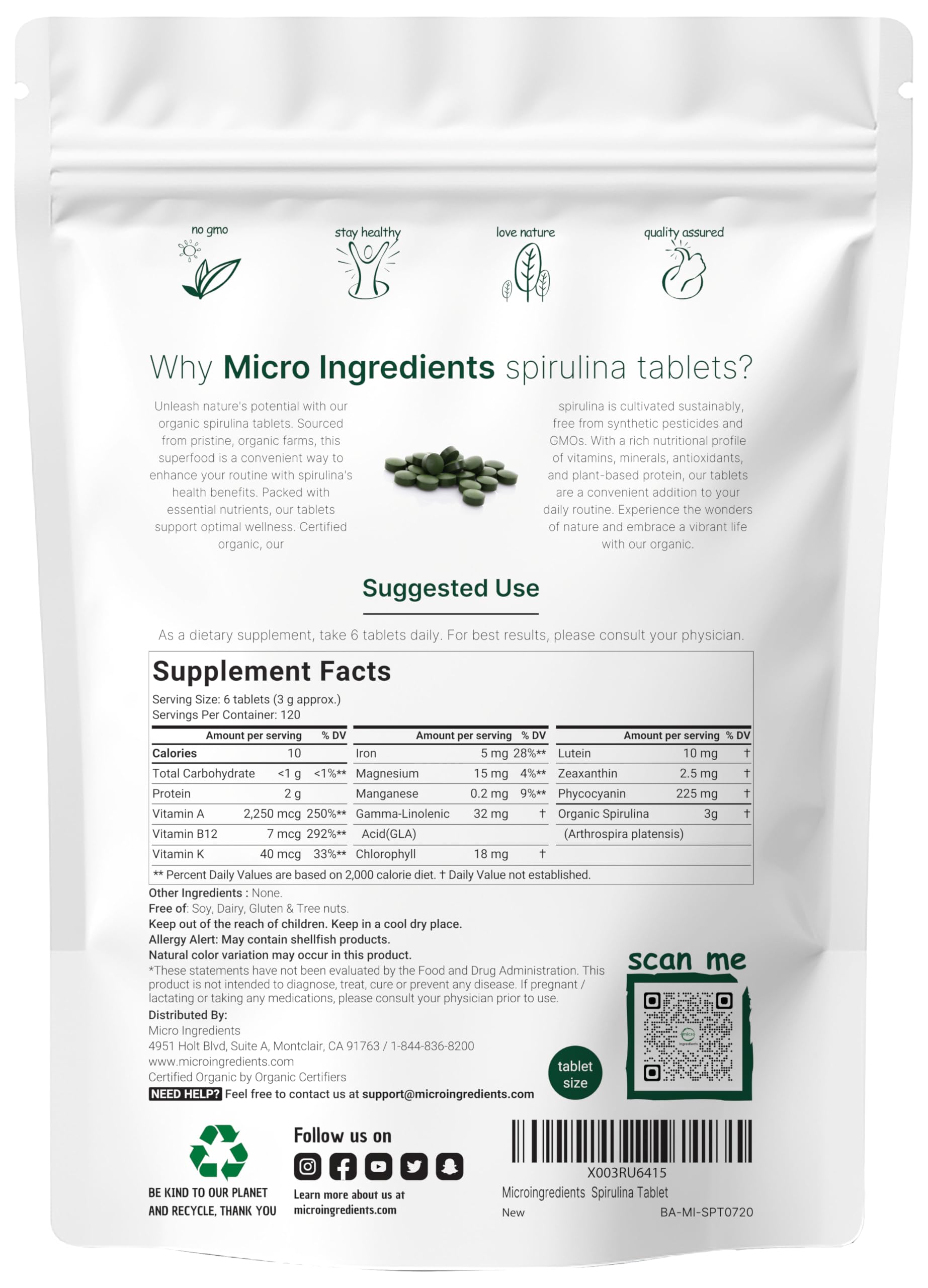 Foto 3 pulgar | Suplemento De Microingredientes: Espirulina Orgánica, 3000 Mg, 720 Tabletas - Venta Internacional.