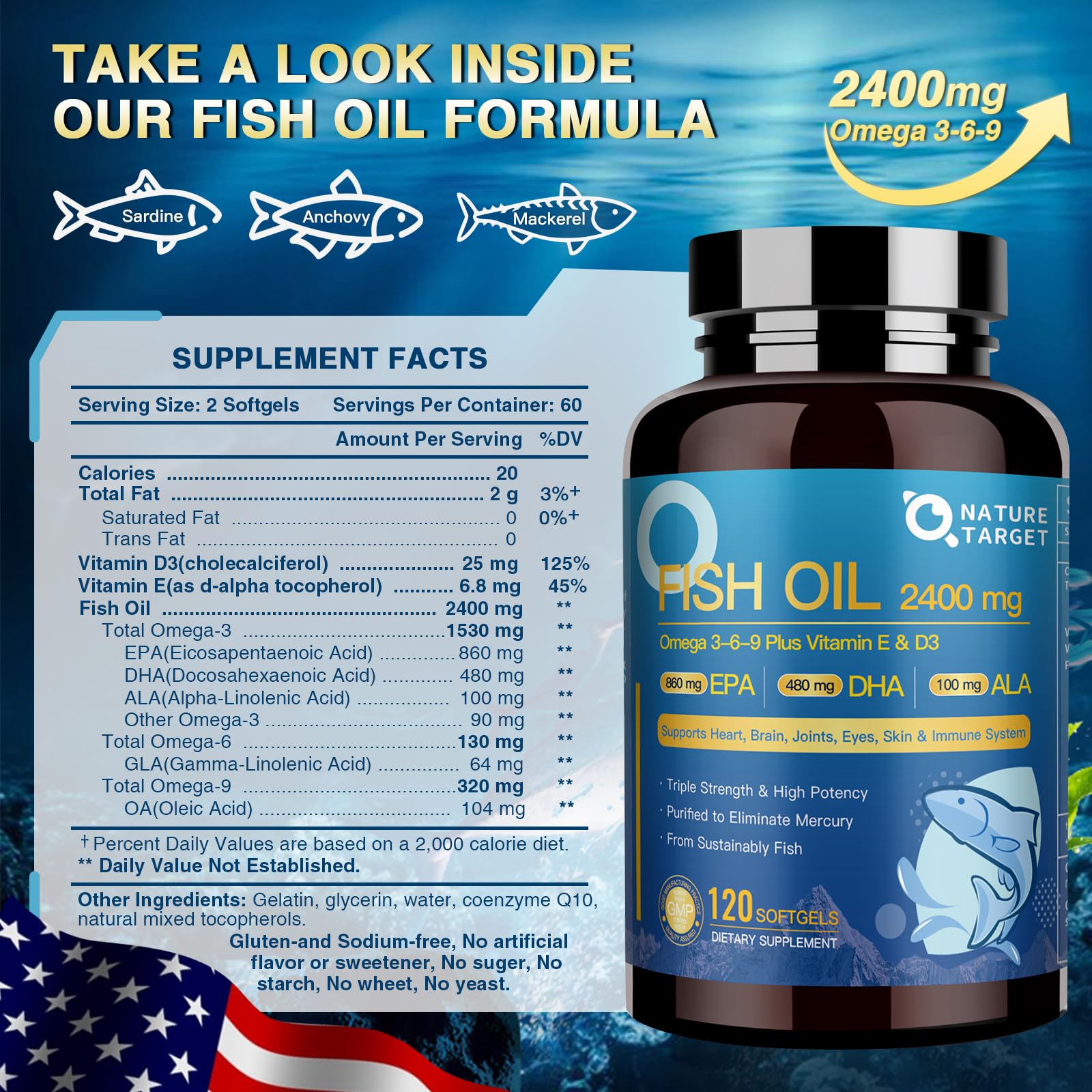 Foto 3 pulgar | Suplemento Nature Target Triple Omega 3 6 9 Aceite De Pescado 2400 Mg - Venta Internacional.