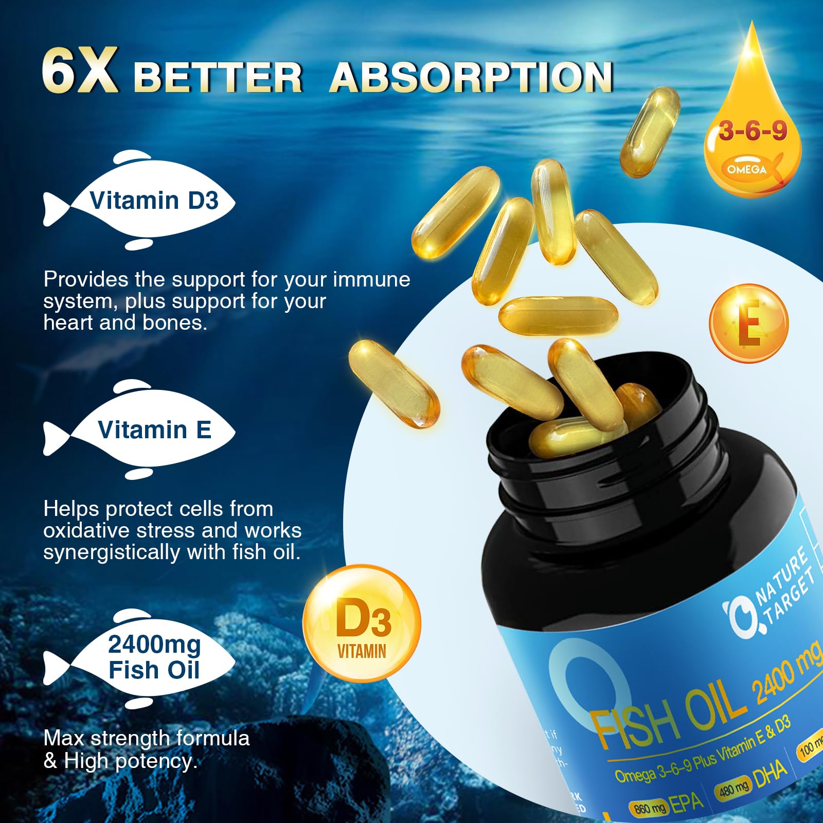 Foto 4 pulgar | Suplemento Nature Target Triple Omega 3 6 9 Aceite De Pescado 2400 Mg - Venta Internacional.
