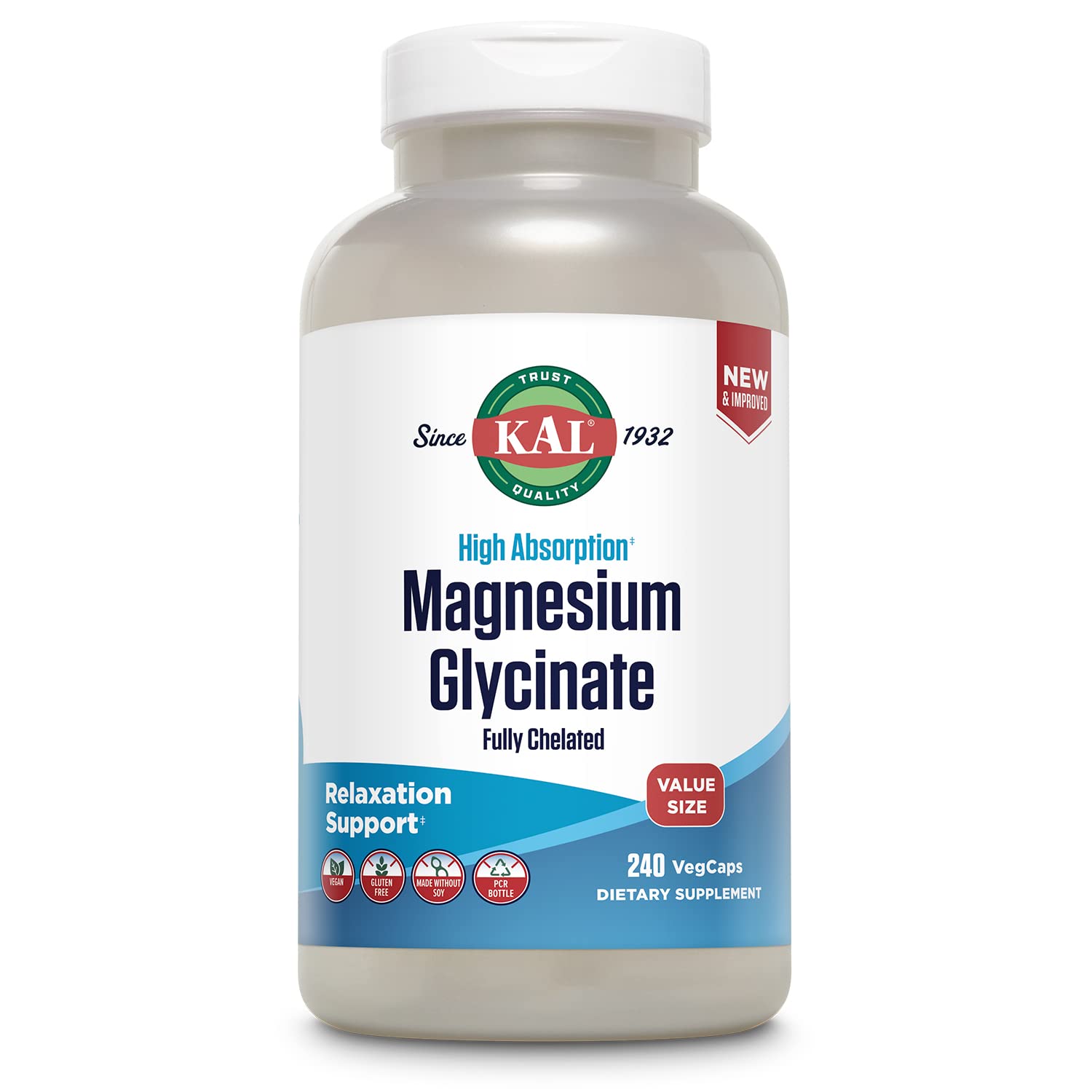 Suplemento Kal: Glicinato De Magnesio, 240 Cápsulas Vegetales - Venta Internacional.