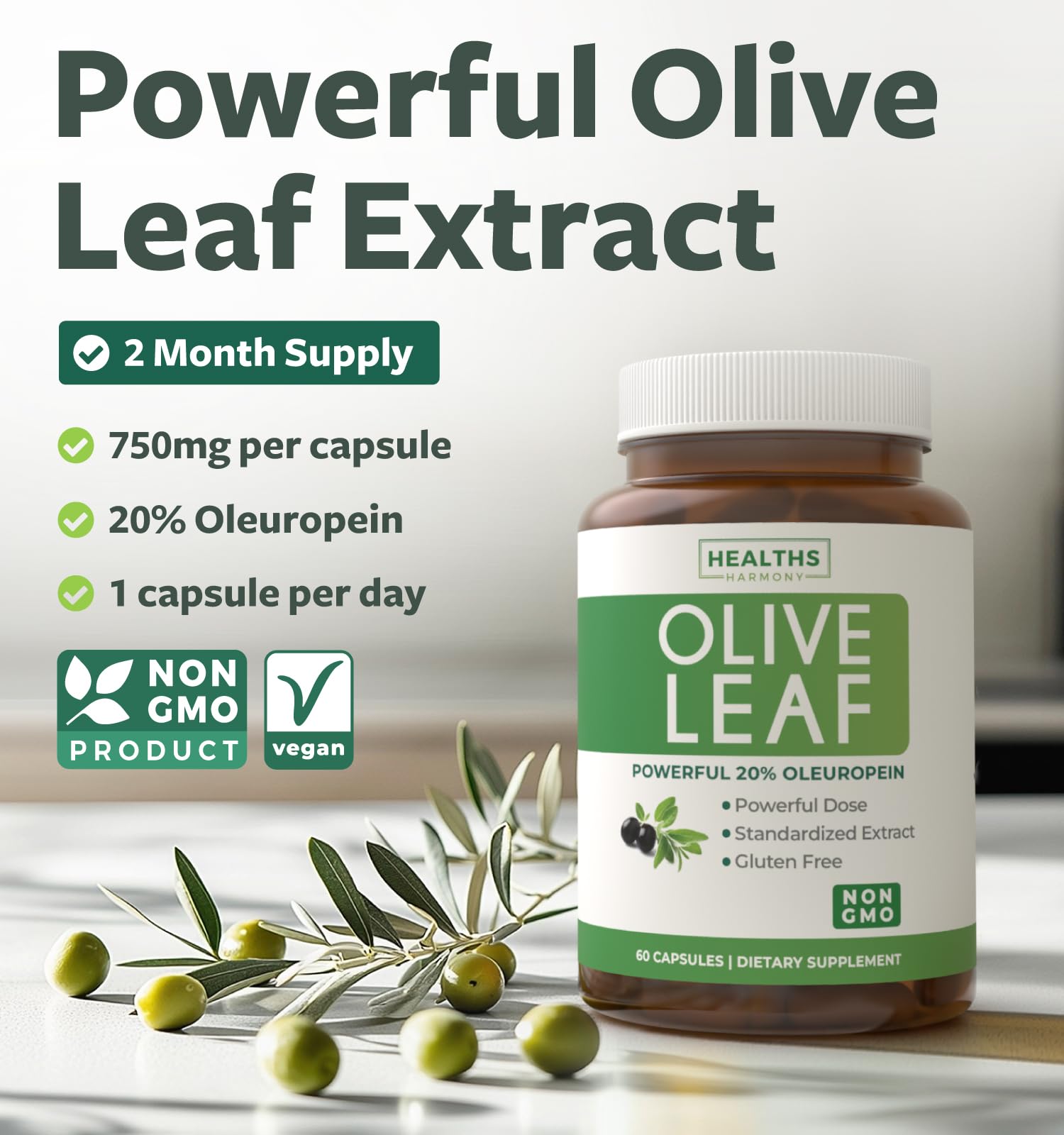 Foto 2 | Extracto De Hoja De Olivo Harmony De Supplement Healths 750 Mg 60 Cápsulas - Venta Internacional.