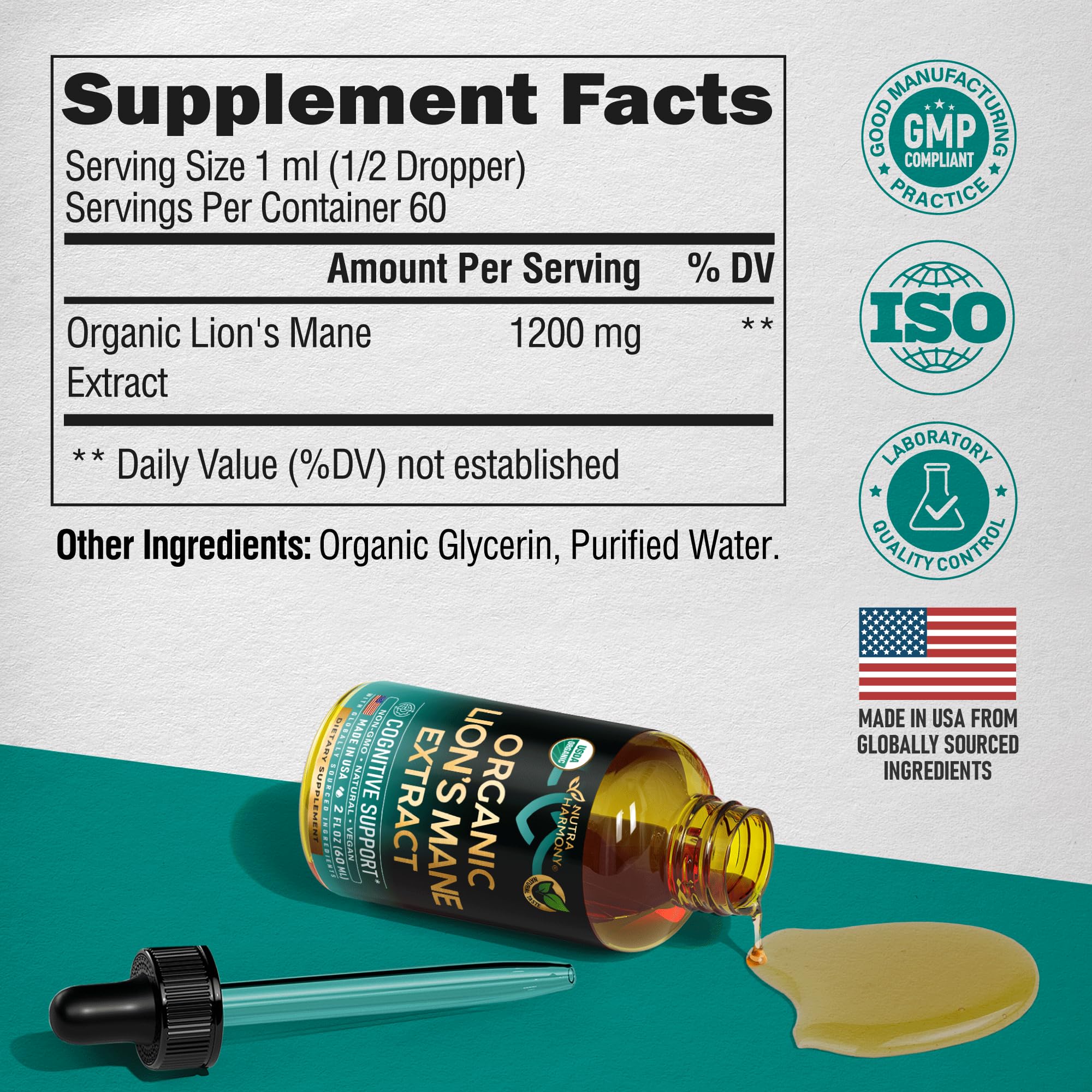 Foto 6 pulgar | Suplemento Líquido Nutraharmony Lions Mane, 60 Ml, 72 000 Mg - Venta Internacional.