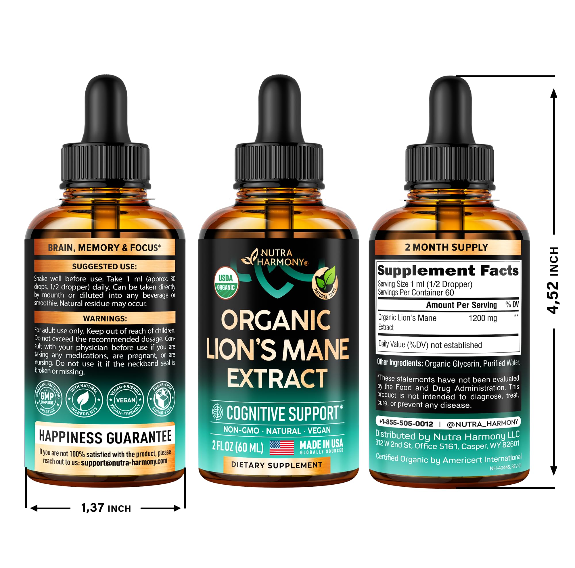 Foto 8 pulgar | Suplemento Líquido Nutraharmony Lions Mane, 60 Ml, 72 000 Mg - Venta Internacional.