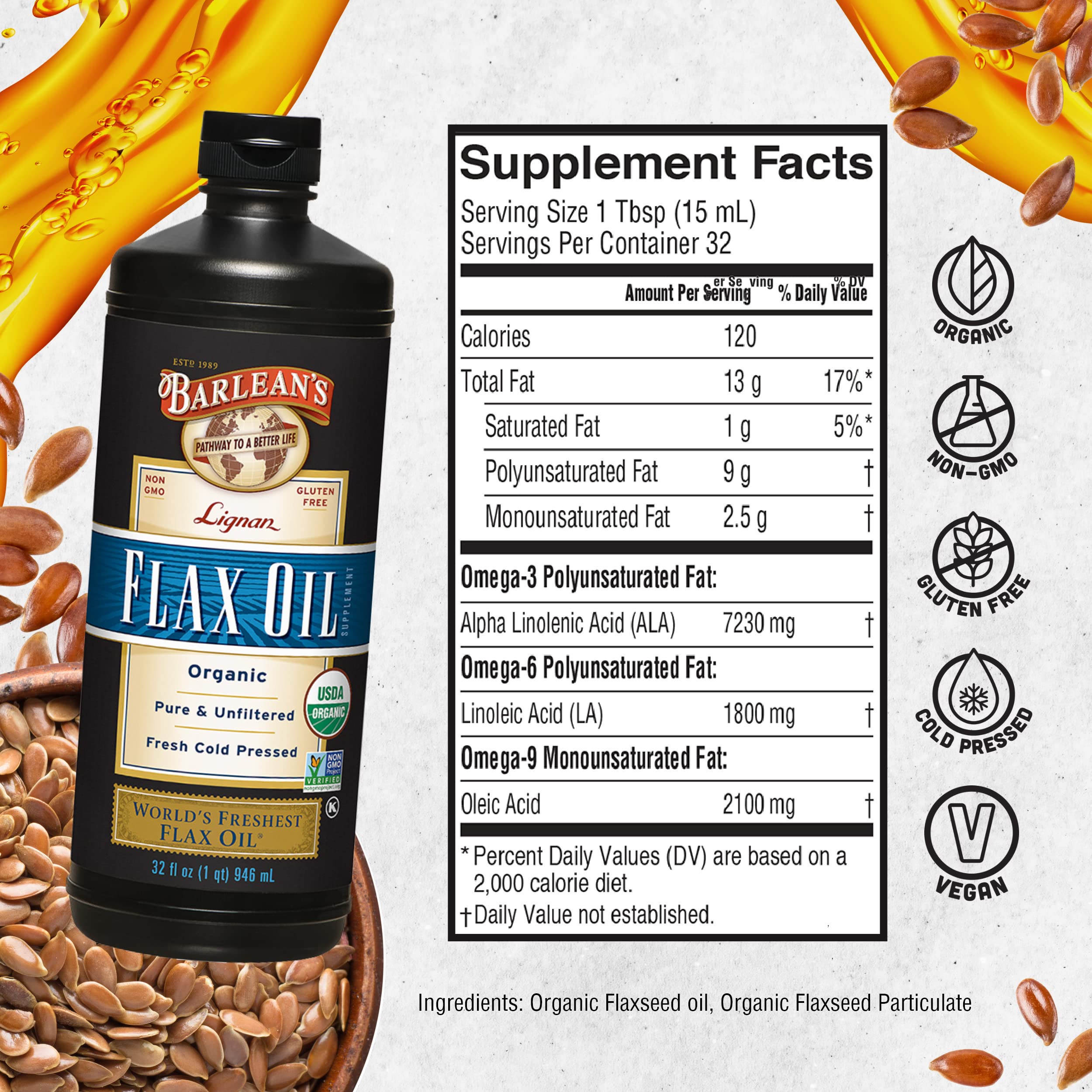 Foto 6 | Suplemento De Aceite De Linaza Orgánico De Lignan De Barlean 946 Ml - Venta Internacional.