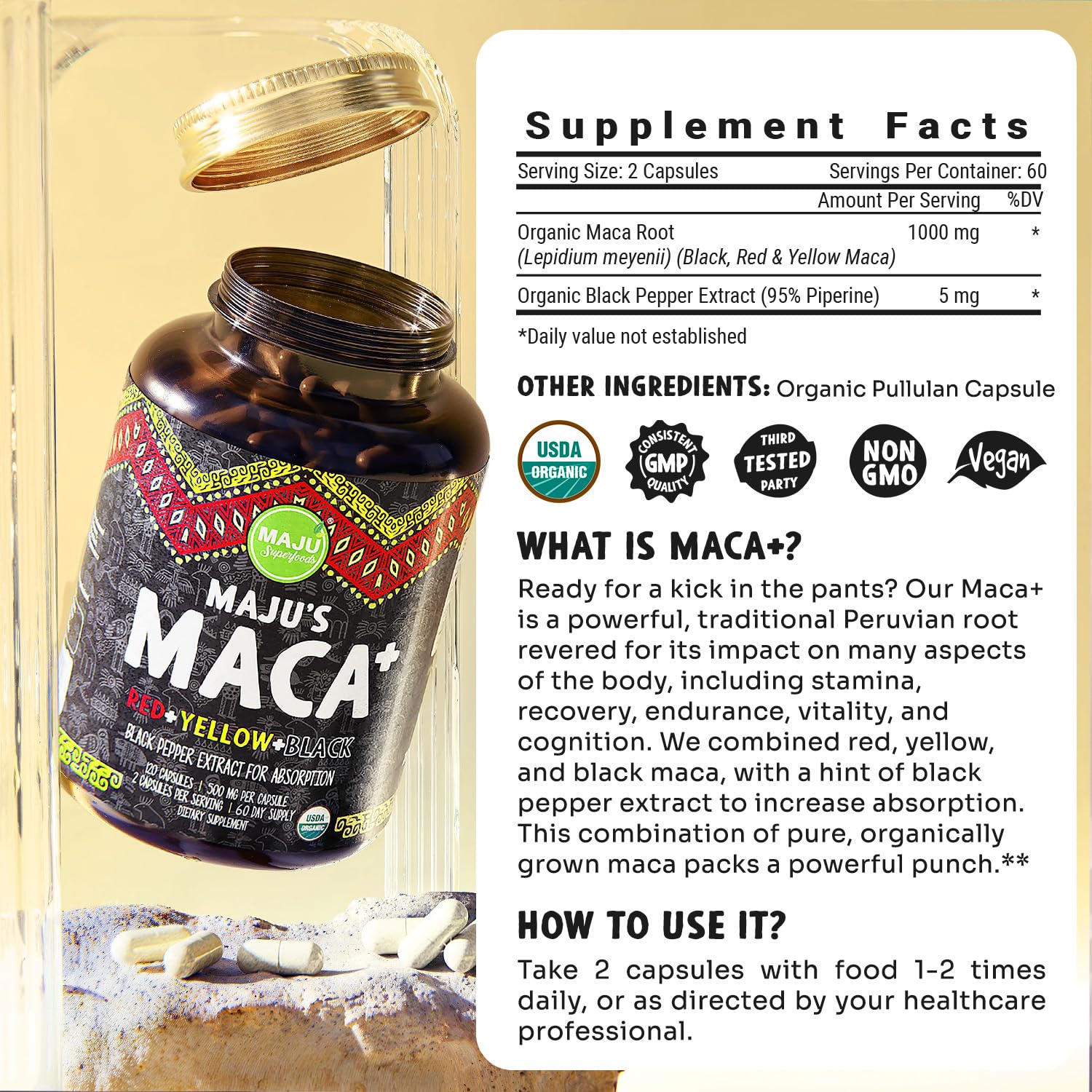 Foto 7 pulgar | Suplemento Maju Superfoods, Cápsulas De Raíz De Maca, 60 000 Mg, 120 Unidades - Venta Internacional.