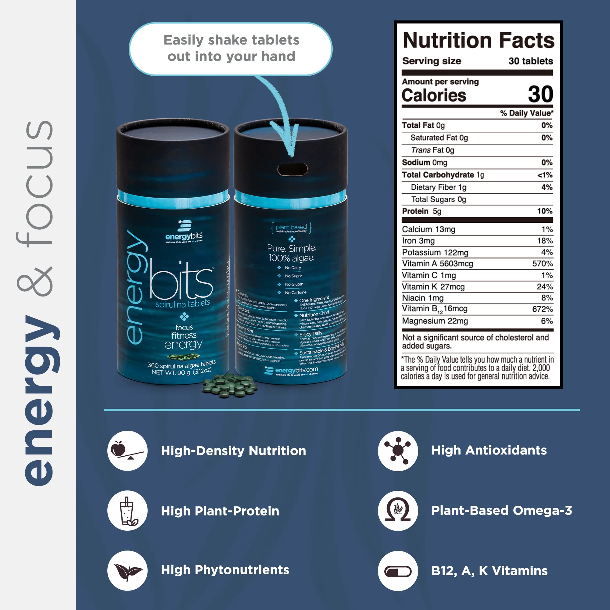 Foto 3 pulgar | Suplemento Energybits En Tabletas Puras De Espirulina Y Algas - Venta Internacional.