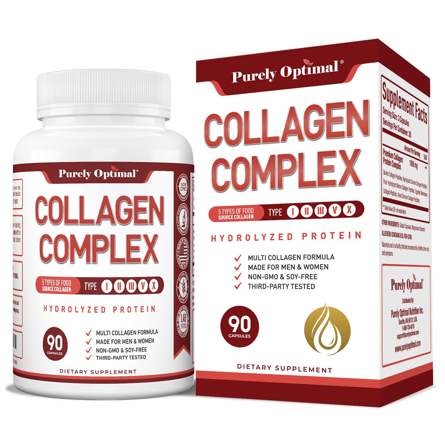 Cápsulas De Colágeno Purely Optimal Premium Multi Tipo I, Ii, Iii, V, X - Venta Internacional.
