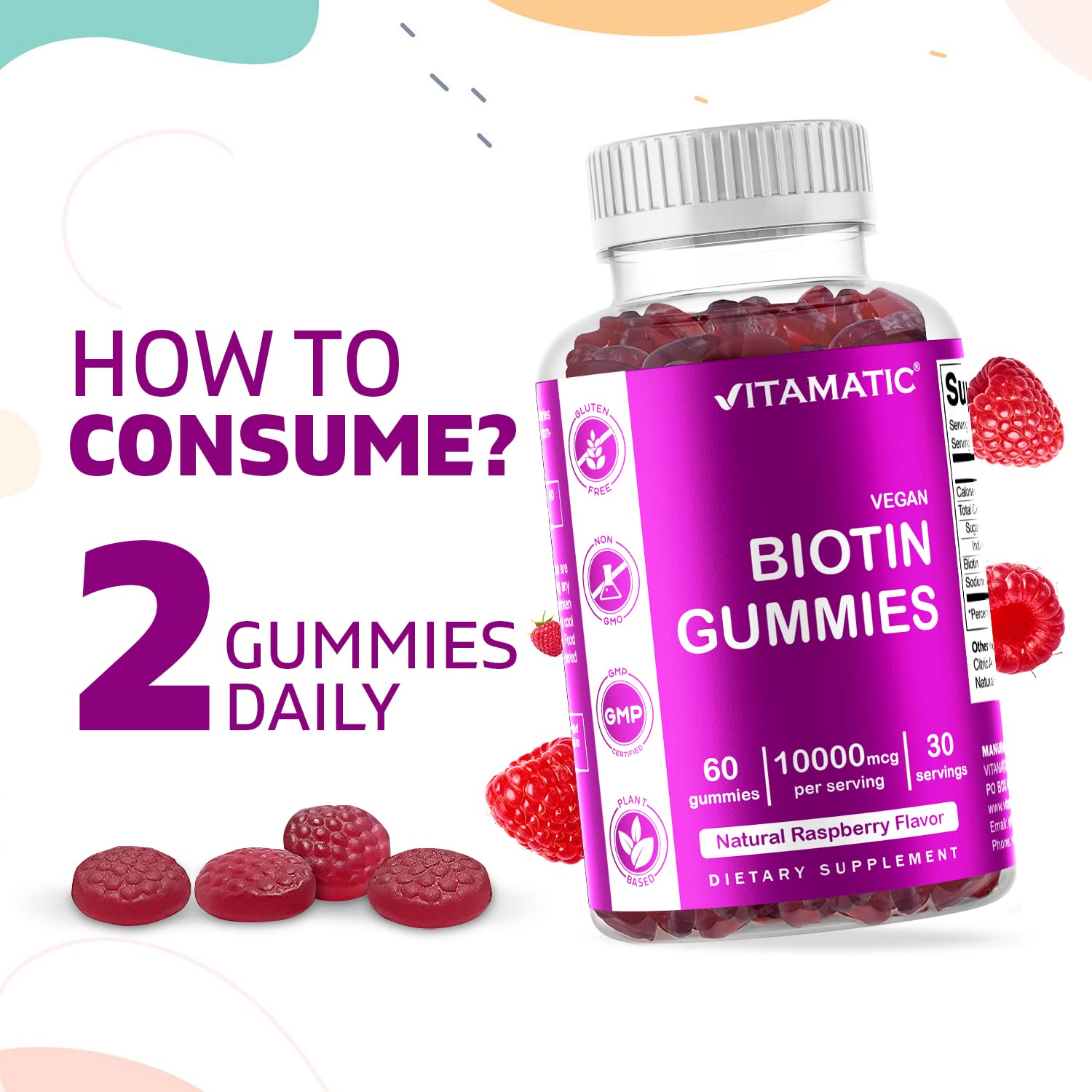 Foto 5 pulgar | Suplemento Vitamático De Biotina En Gomitas De 10.000 Mcg Para Cabello 60% Vegano - Venta Internacional.
