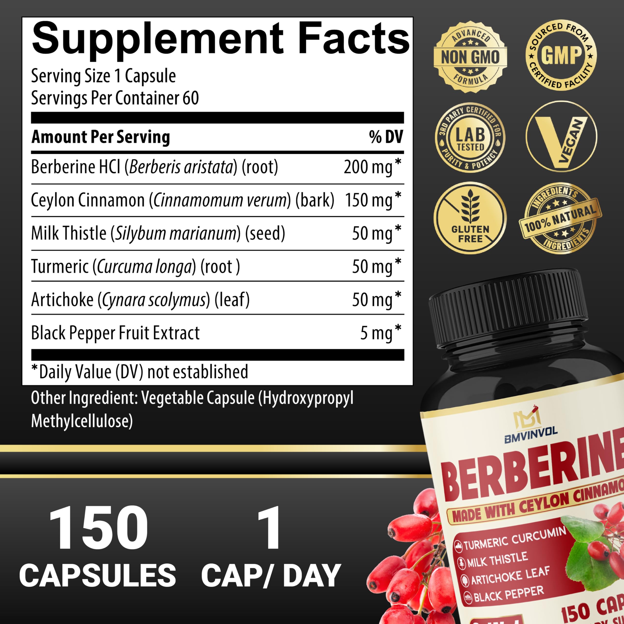 Foto 3 pulgar | Suplemento Bmvinvol Berberine Con Canela De Ceilán Y Cúrcuma - Venta Internacional.