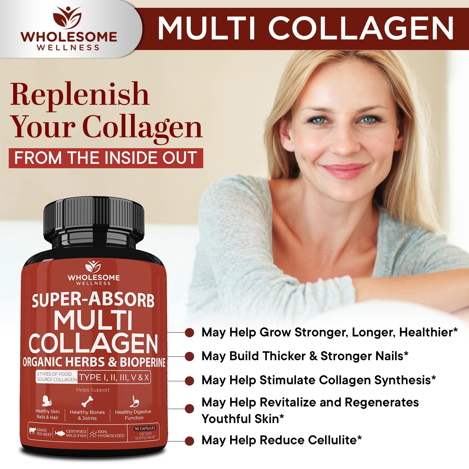 Foto 6 pulgar | Píldoras De Colágeno Wholesome Wellness Super-absorb Multi 90 Cápsulas - Venta Internacional.