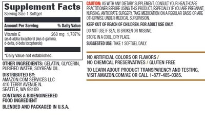 Foto 2 | Suplemento De Vitamina E De Amazon Elements, 400 Ui, 100 Cápsulas Blandas - Venta Internacional.