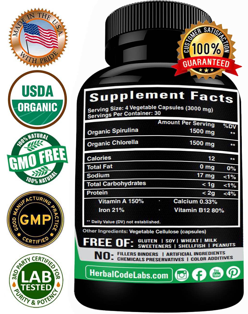 Foto 3 pulgar | Suplemento Hcl Herbal Code Labs Chlorella Spirulina 3000 Mg - Venta Internacional.