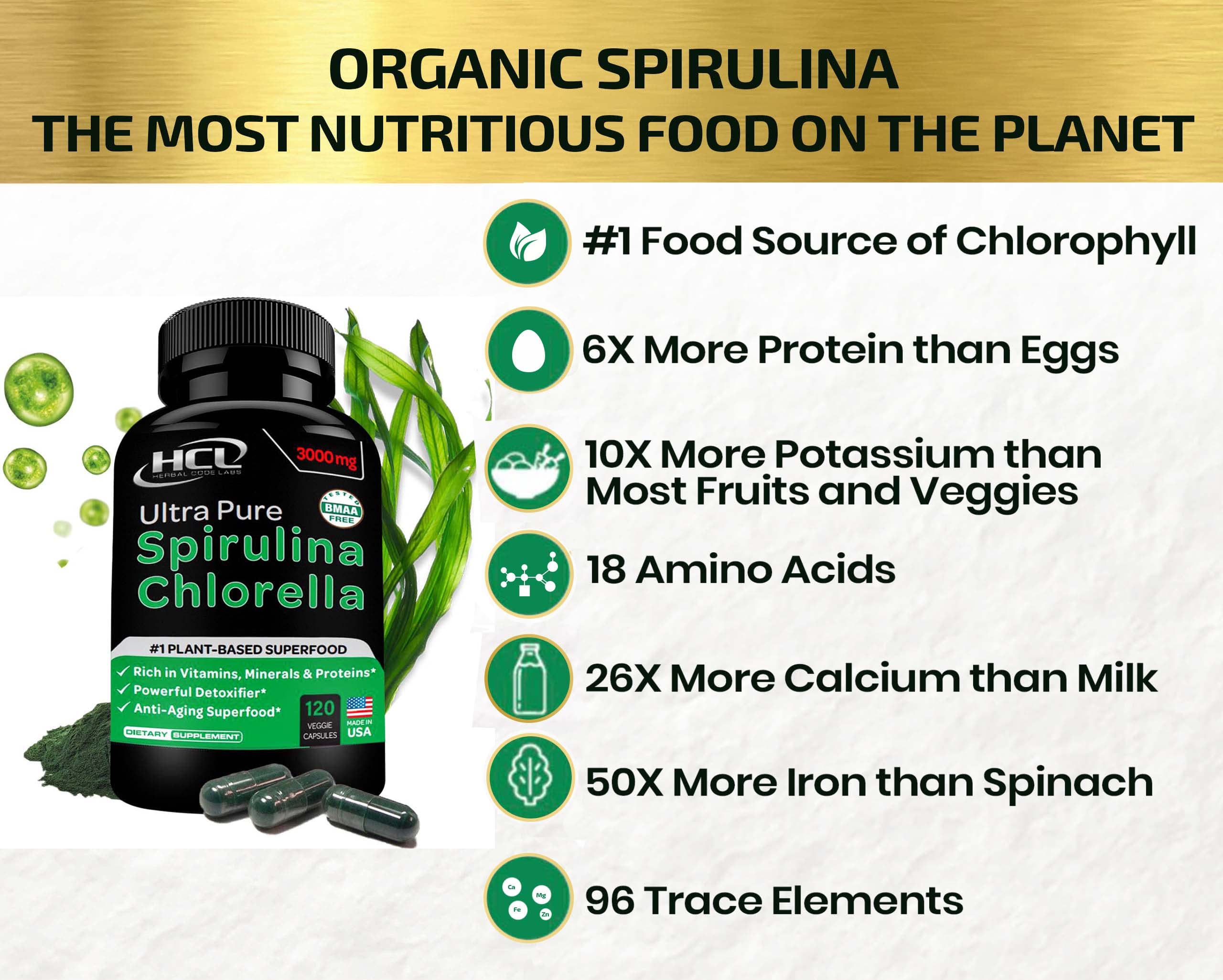 Foto 5 pulgar | Suplemento Hcl Herbal Code Labs Chlorella Spirulina 3000 Mg - Venta Internacional.