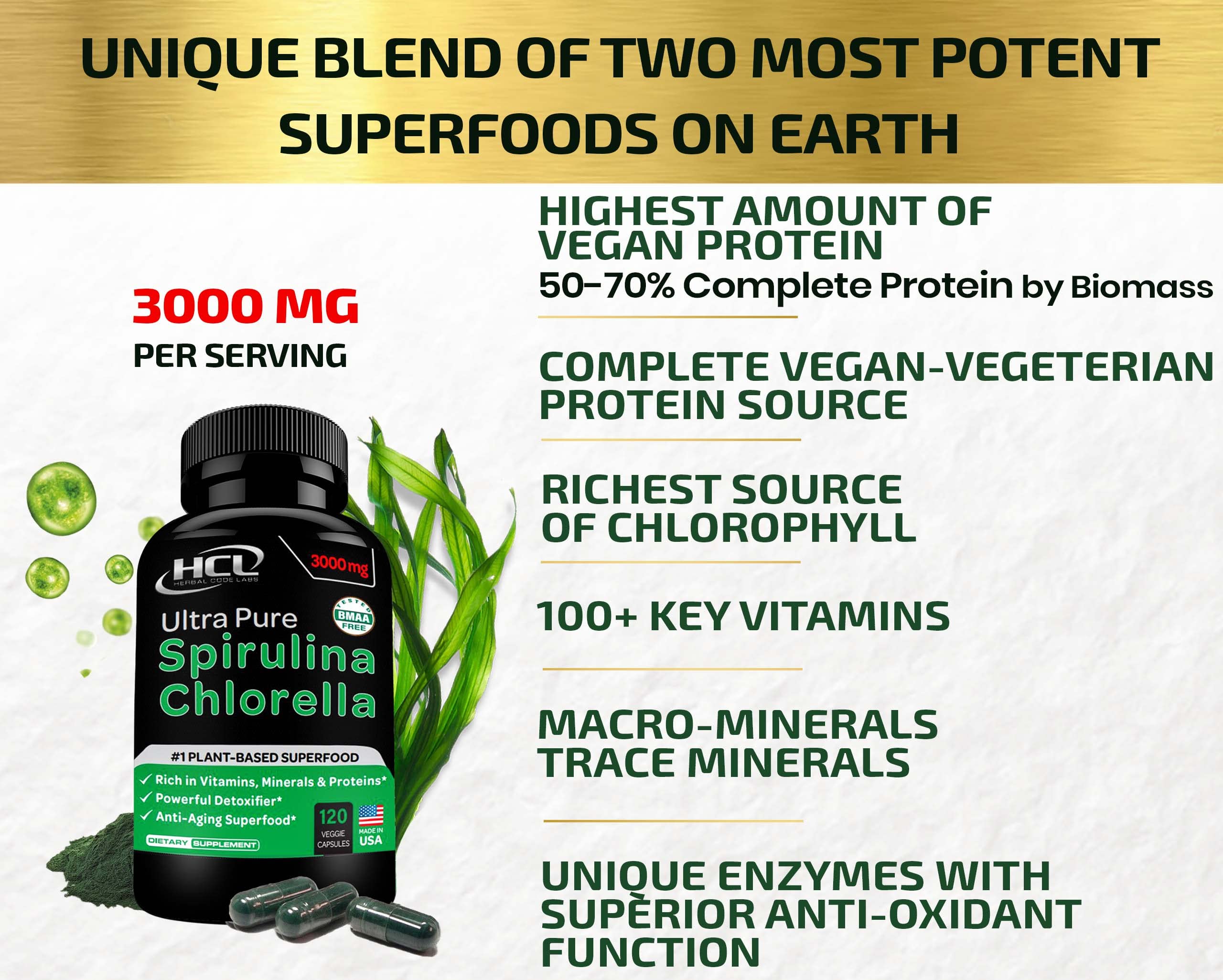 Foto 6 pulgar | Suplemento Hcl Herbal Code Labs Chlorella Spirulina 3000 Mg - Venta Internacional.