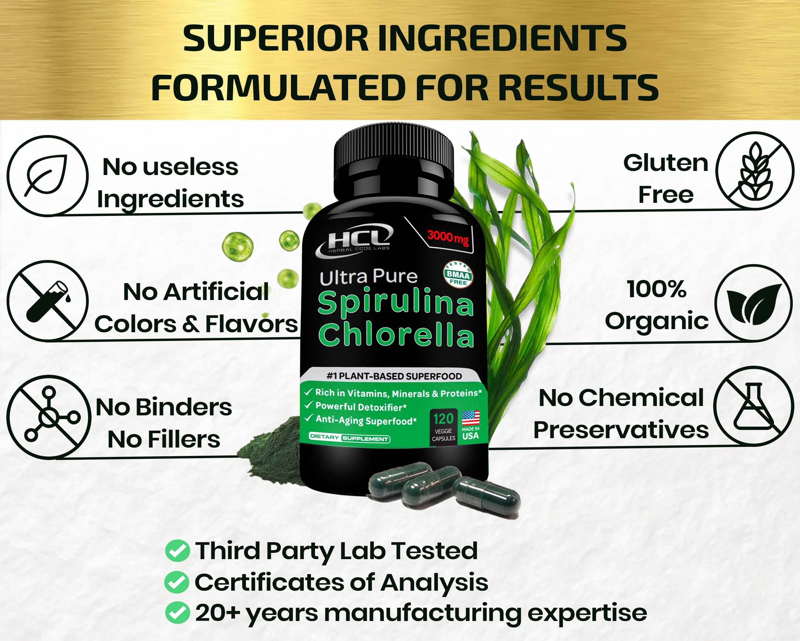 Foto 7 pulgar | Suplemento Hcl Herbal Code Labs Chlorella Spirulina 3000 Mg - Venta Internacional.