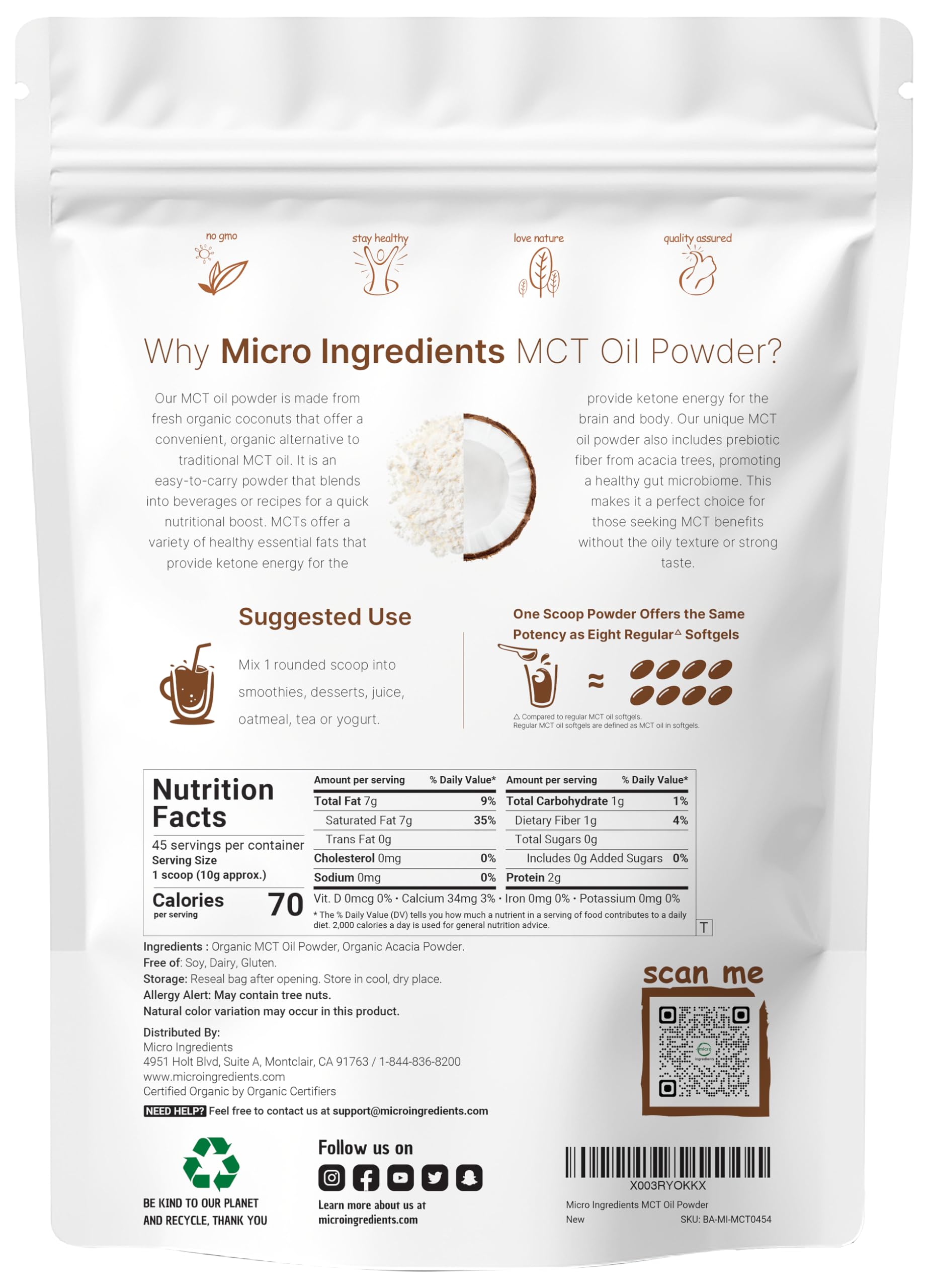 Foto 3 pulgar | Microingredientes Orgánicos De Aceite Mct En Polvo, 454 G - Venta Internacional.