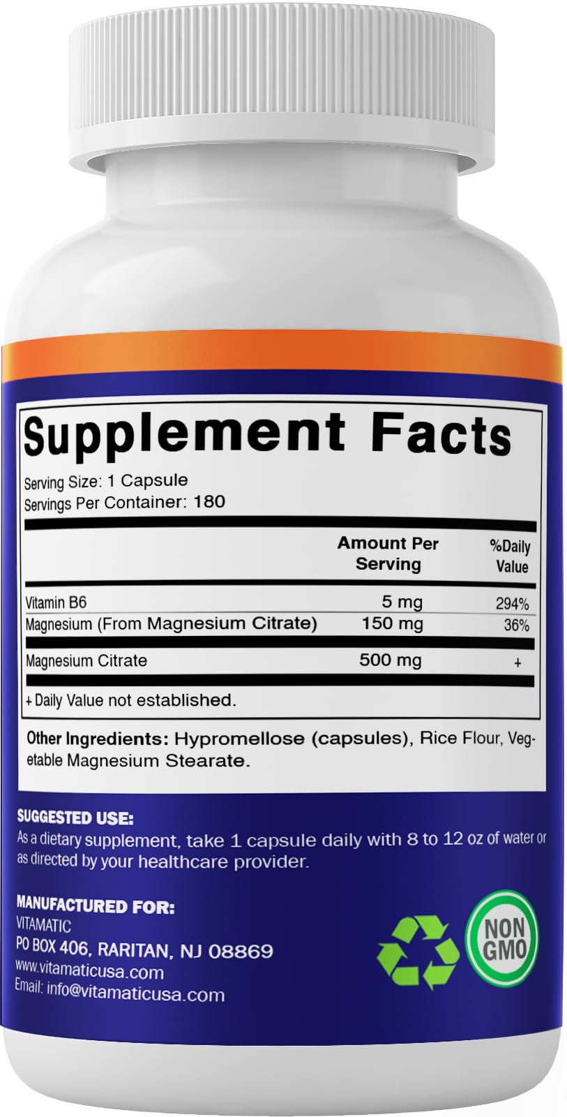 Foto 6 pulgar | Suplemento Vitamático De Citrato De Magnesio 500 Mg 180 Cápsulas - Venta Internacional.