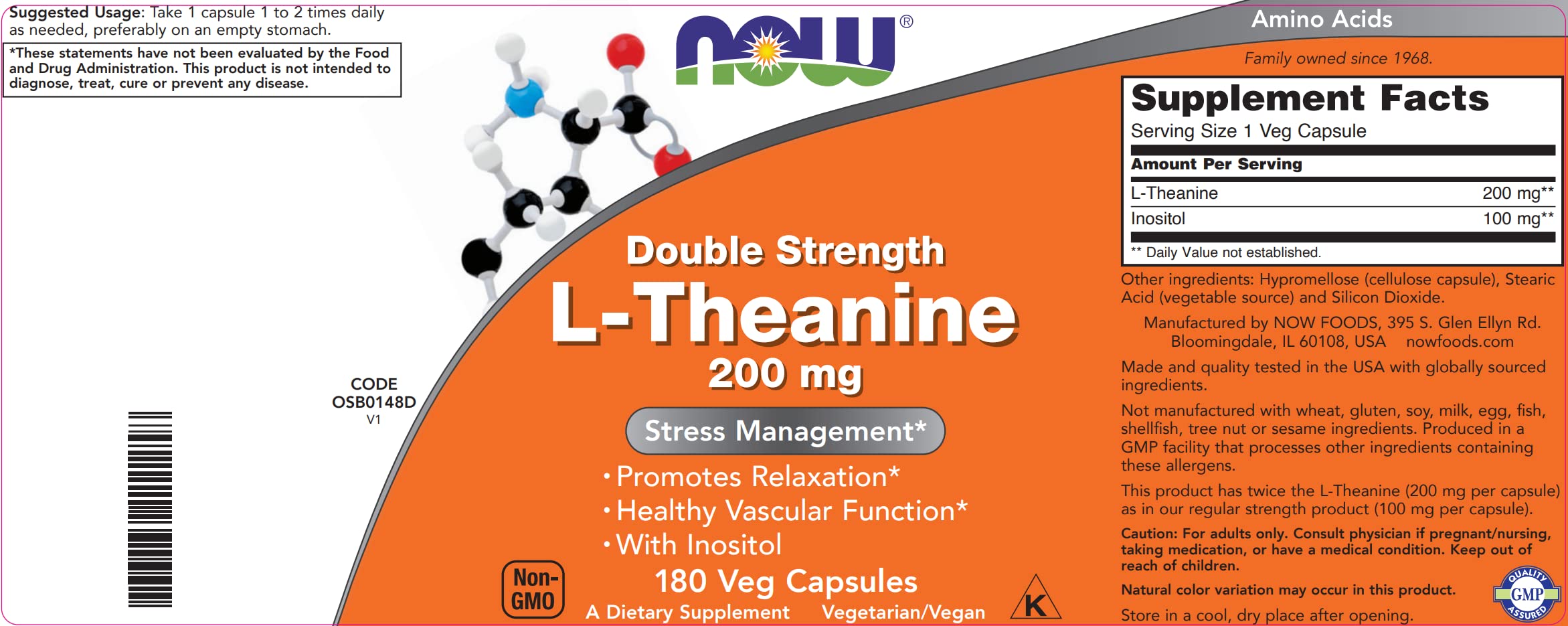 Foto 4 | Suplemento Now Foods L-teanina De Doble Concentración, 200 Mg, 180 Cápsulas - Venta Internacional.