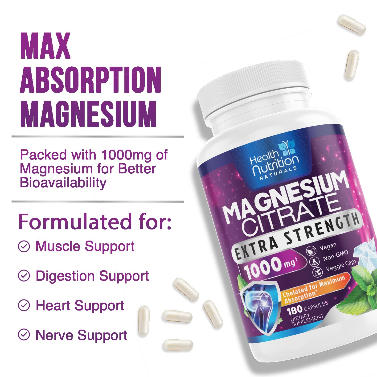 Foto 7 pulgar | Suplemento De Citrato De Magnesio En Cápsulas 1000 Mg - 180 Cápsulas - Venta Internacional.