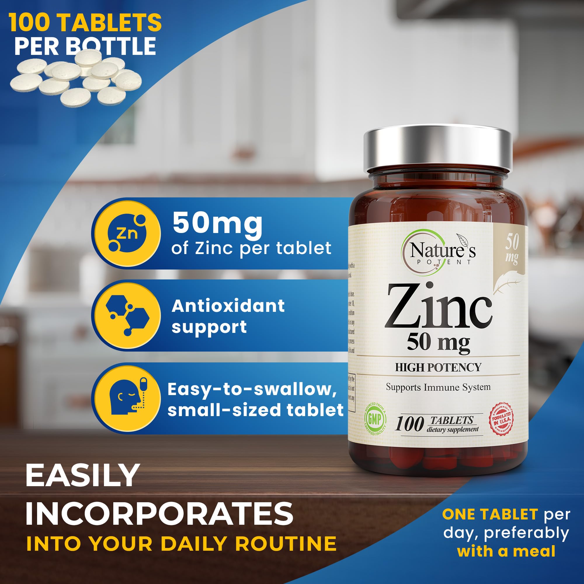 Foto 3 pulgar | Suplemento Nature's Potent Zinc De 50 Mg De Alta Potencia, 100 Comprimidos - Venta Internacional.