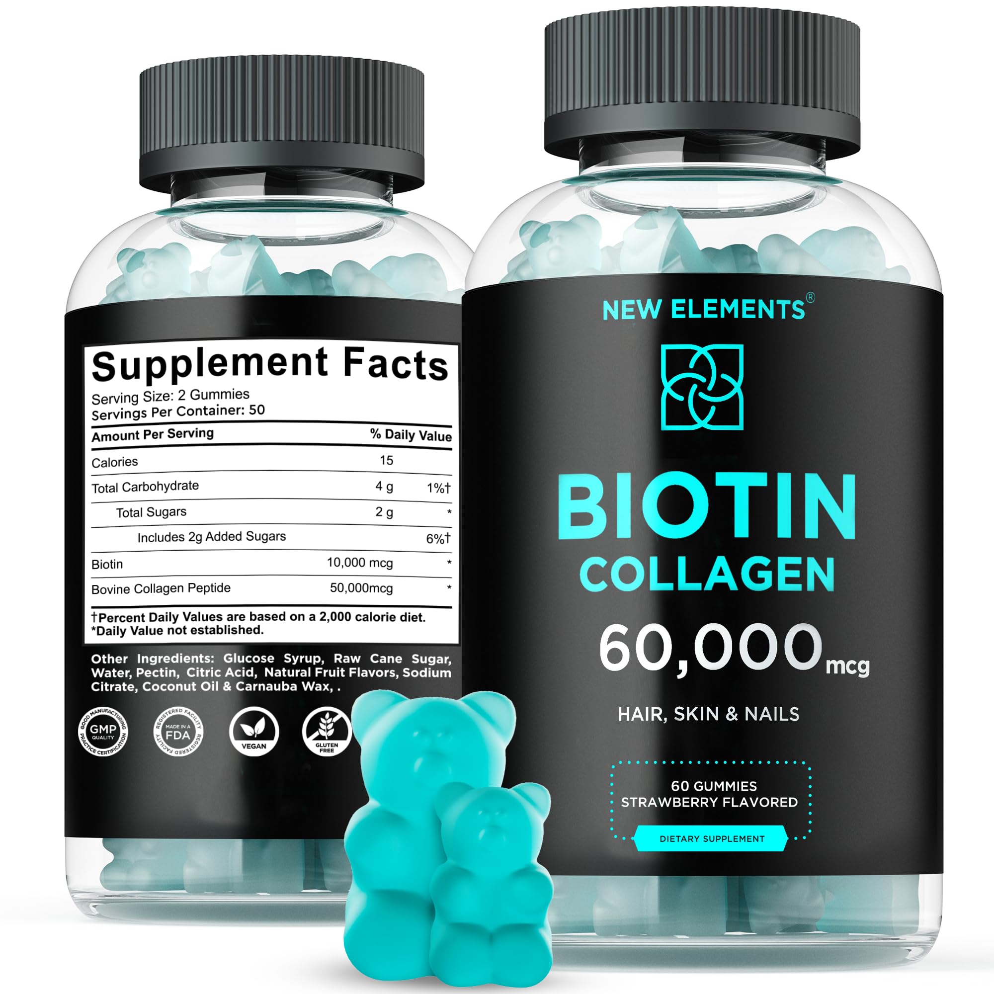 Foto 2 pulgar | Péptidos De Biotina Y Colágeno De Gummies New Elements: 50000 Mcg/10000 Mcg - Venta Internacional.