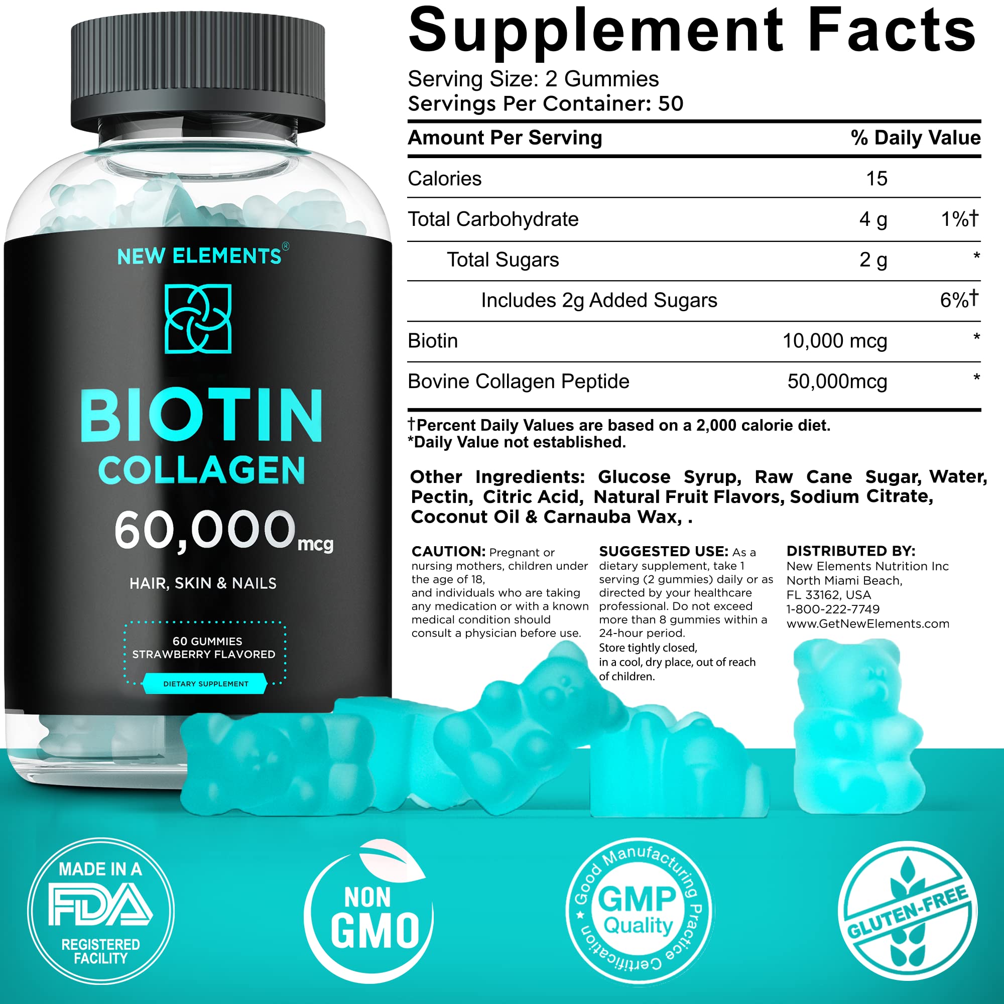 Foto 4 pulgar | Péptidos De Biotina Y Colágeno De Gummies New Elements: 50000 Mcg/10000 Mcg - Venta Internacional.