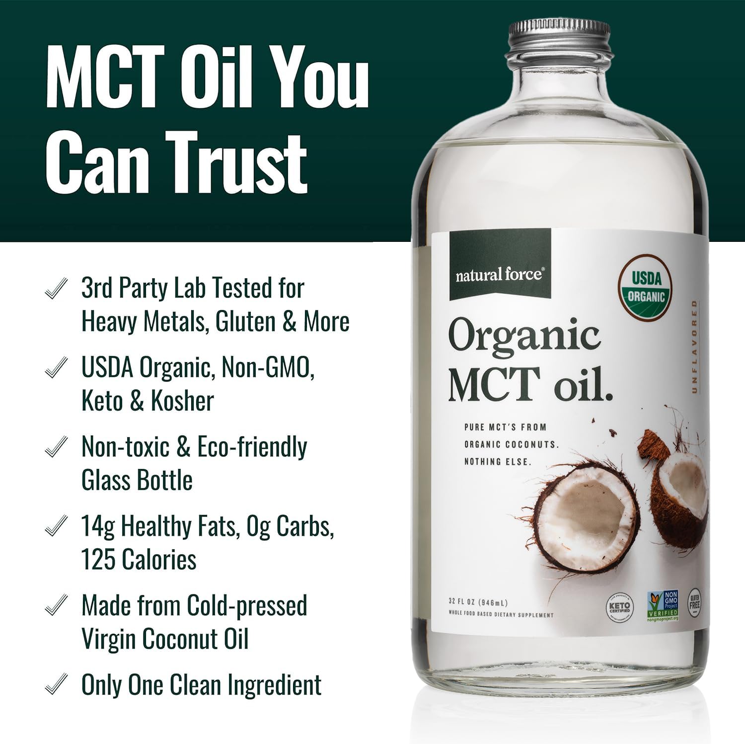 Foto 3 pulgar | Botella De Vidrio Orgánico Mct Oil Natural Force De 946 Ml - Venta Internacional.