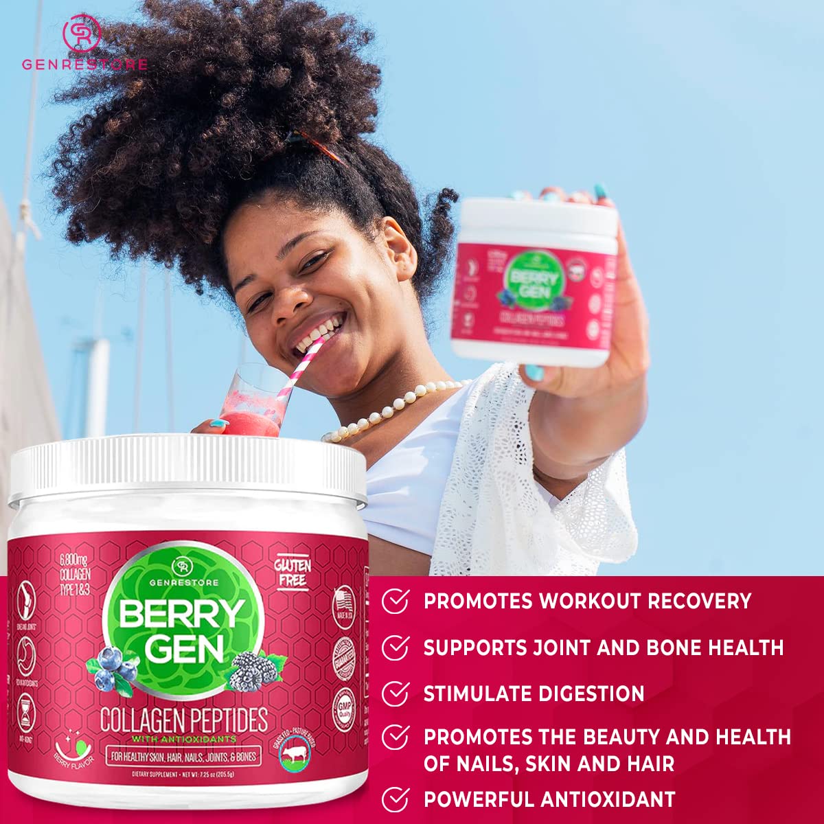 Foto 7 | Colágeno En Polvo Berry Gen Restore Con Antioxidantes De Extractos De Moras Y Arándanos, 30 Porcione - Venta Intern
