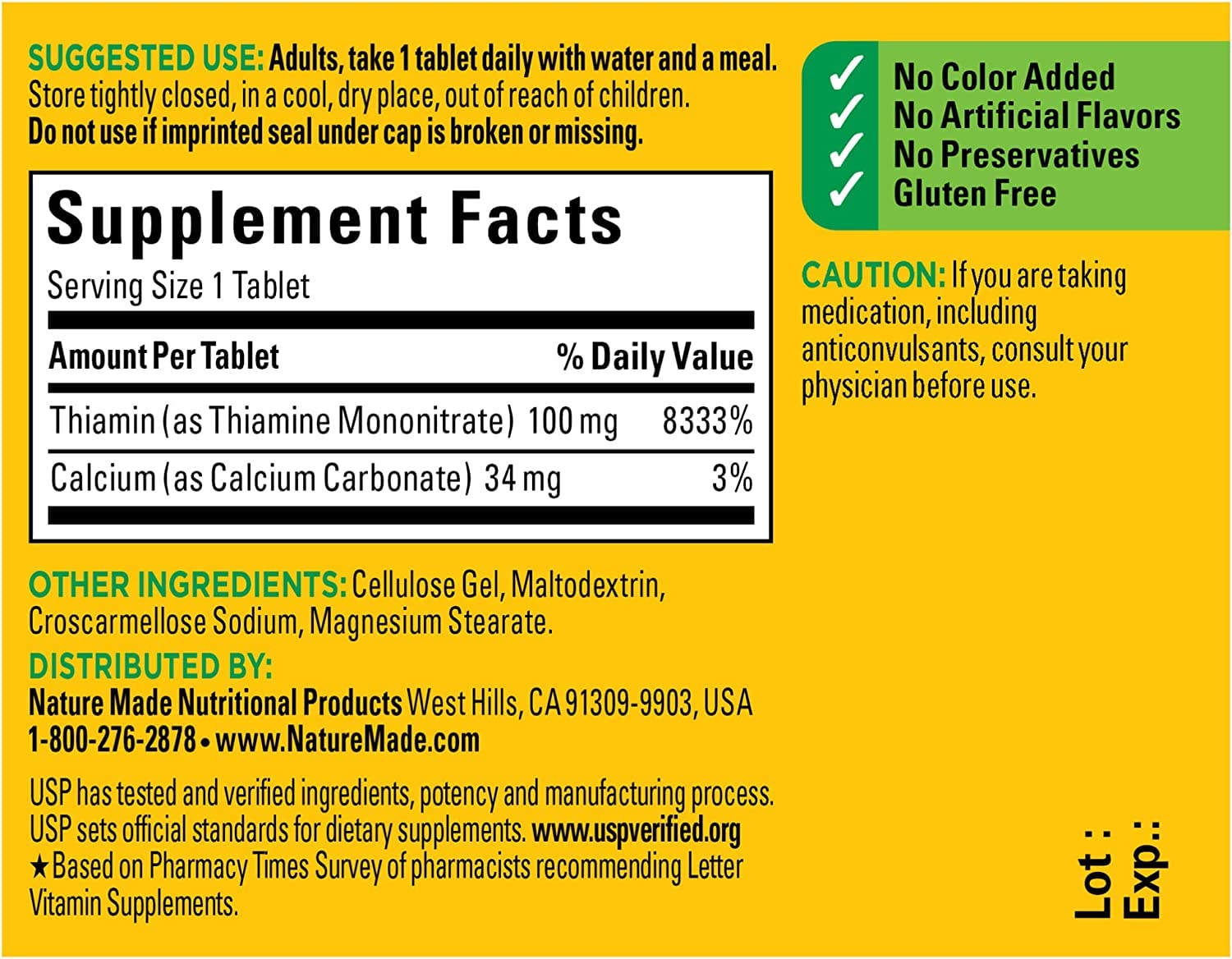 Foto 2 | Tabletas De Vitamina B-1 Nature Made, 100 Mg, 100 Unidades, Paquete De 2 - Venta Internacional.