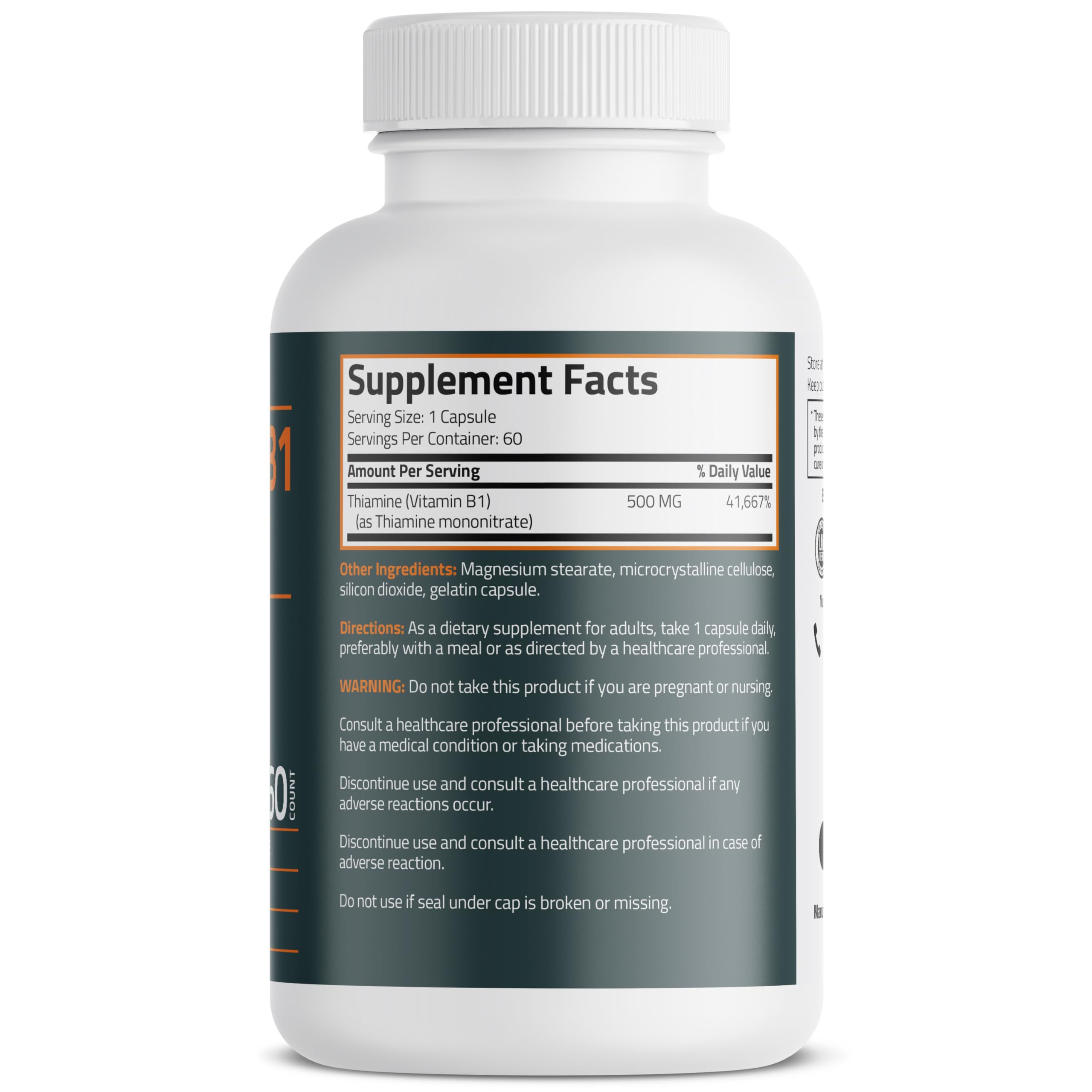 Foto 2 | Suplemento Bronson Vitamina B1 Extra Strength 500 Mg 60 Cápsulas - Venta Internacional.