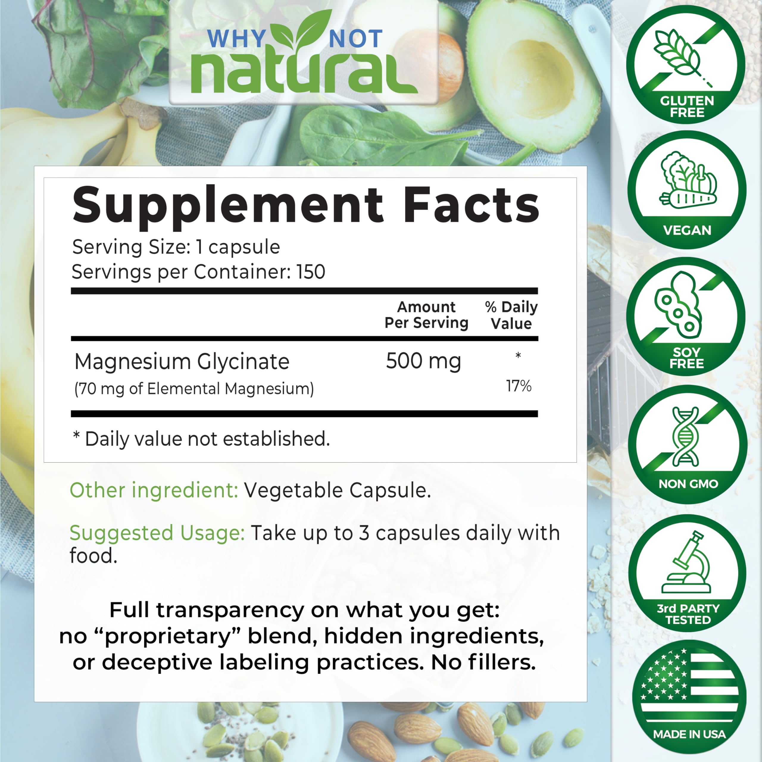 Foto 4 pulgar | Suplemento Why Not De Glicinato De Magnesio Natural En Cápsulas De 500 Mg - Venta Internacional.