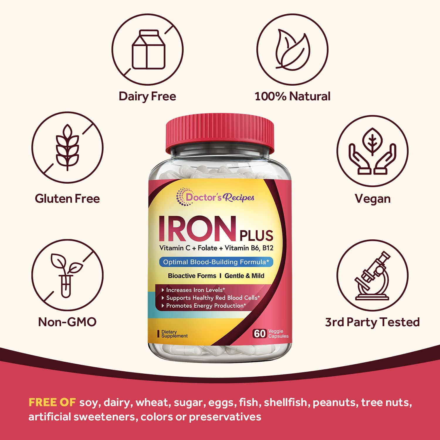 Foto 6 | Suplemento De Hierro Doctor's Recipes Iron Plus 60 Cápsulas Veganas - Venta Internacional.