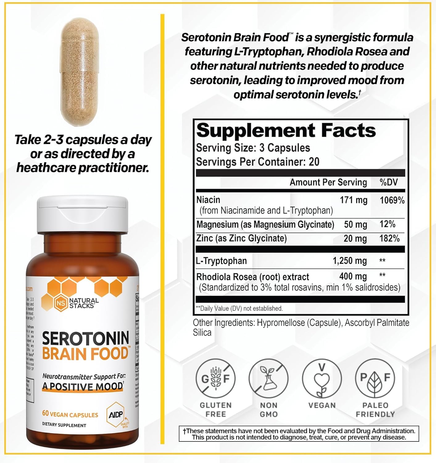 Foto 3 pulgar | Suplemento Natural Stacks Serotonin Brain Food 60 Cápsulas - Venta Internacional.