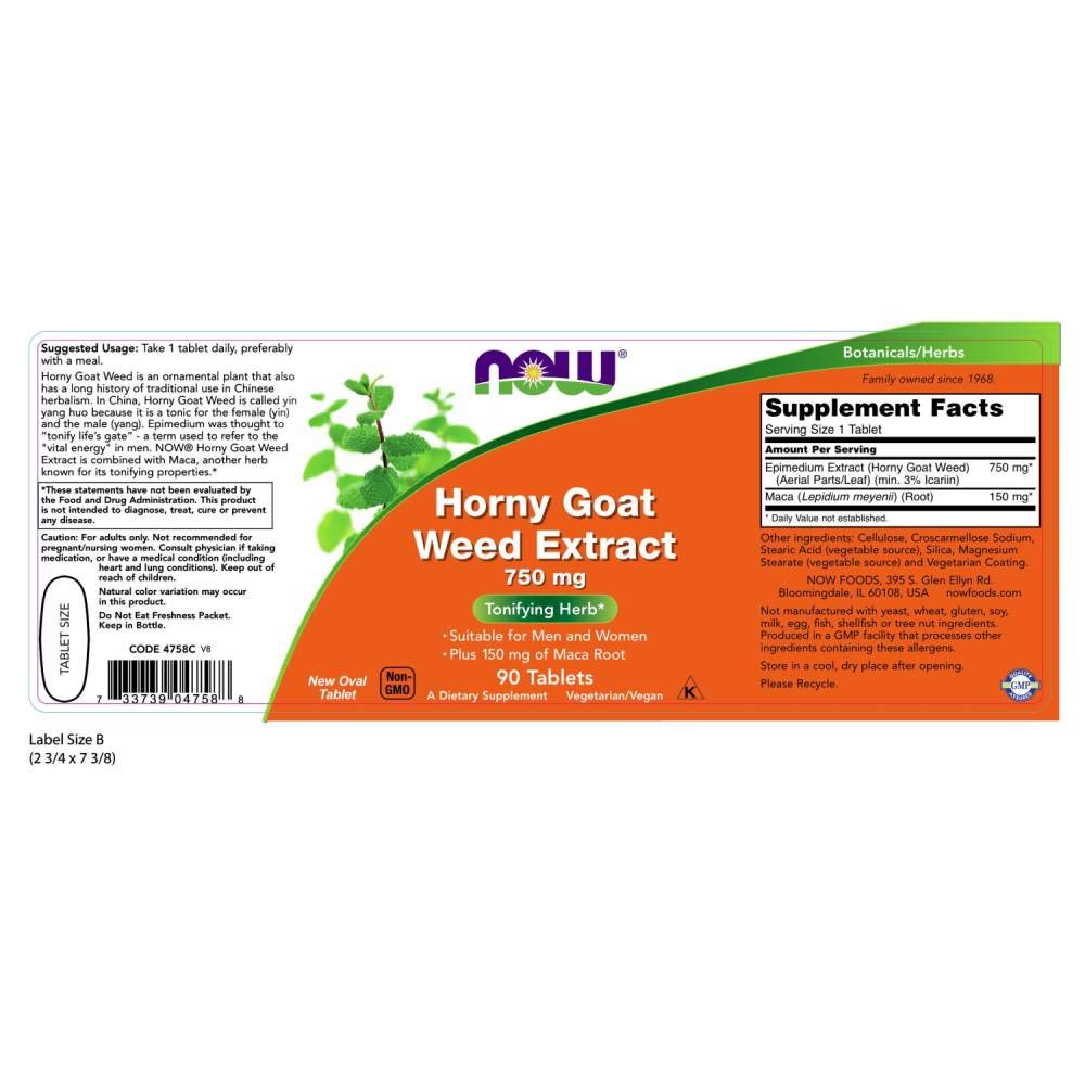 Foto 3 pulgar | Suplemento Now Foods Horny Goat Weed 750 Mg 90 Comprimidos - Venta Internacional.