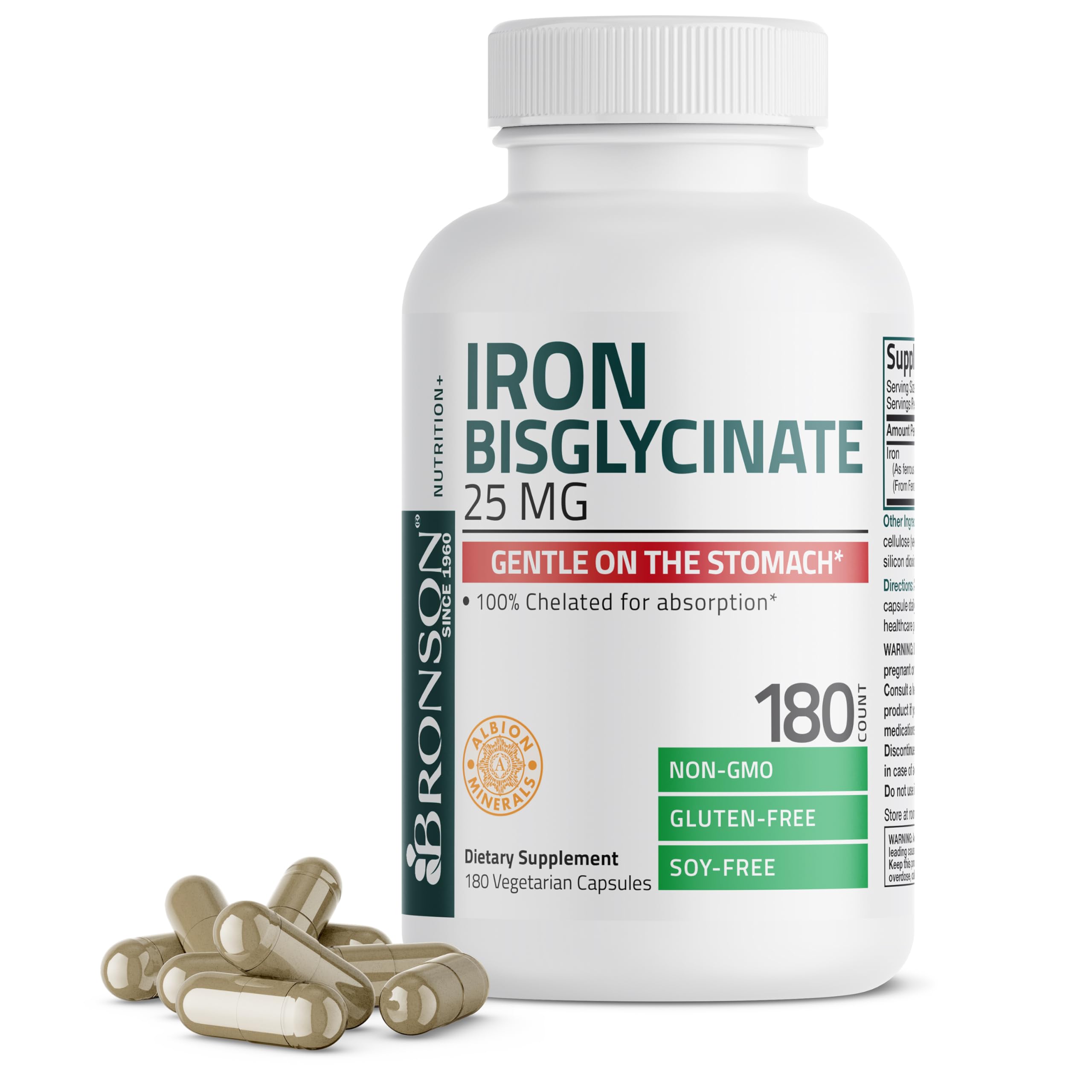 Suplemento De Bisglicinato De Hierro Bronson 25 Mg 180 Cápsulas - Venta Internacional.