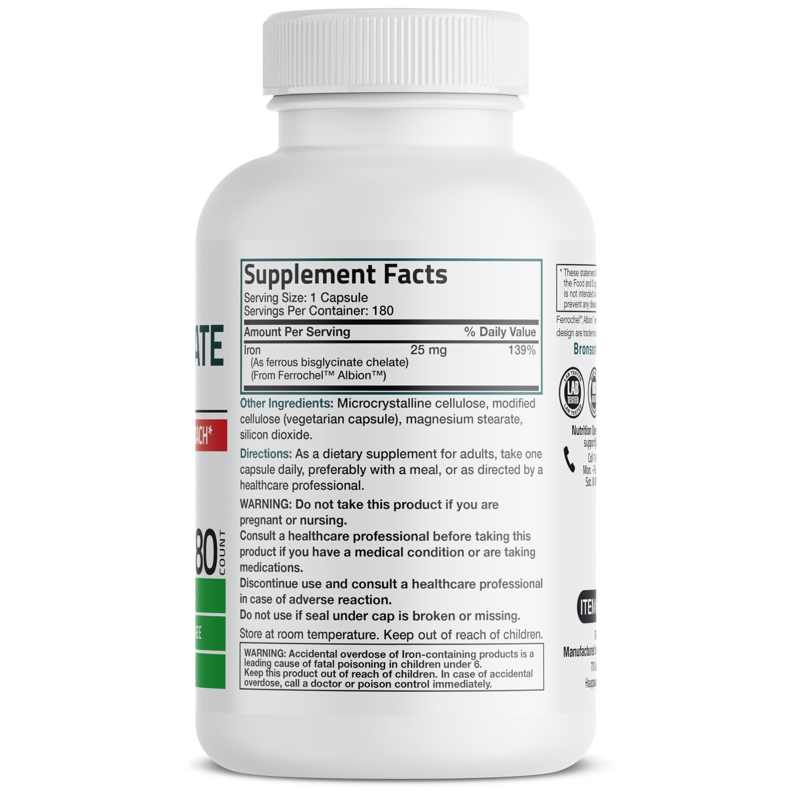 Foto 3 pulgar | Suplemento De Bisglicinato De Hierro Bronson 25 Mg 180 Cápsulas - Venta Internacional.