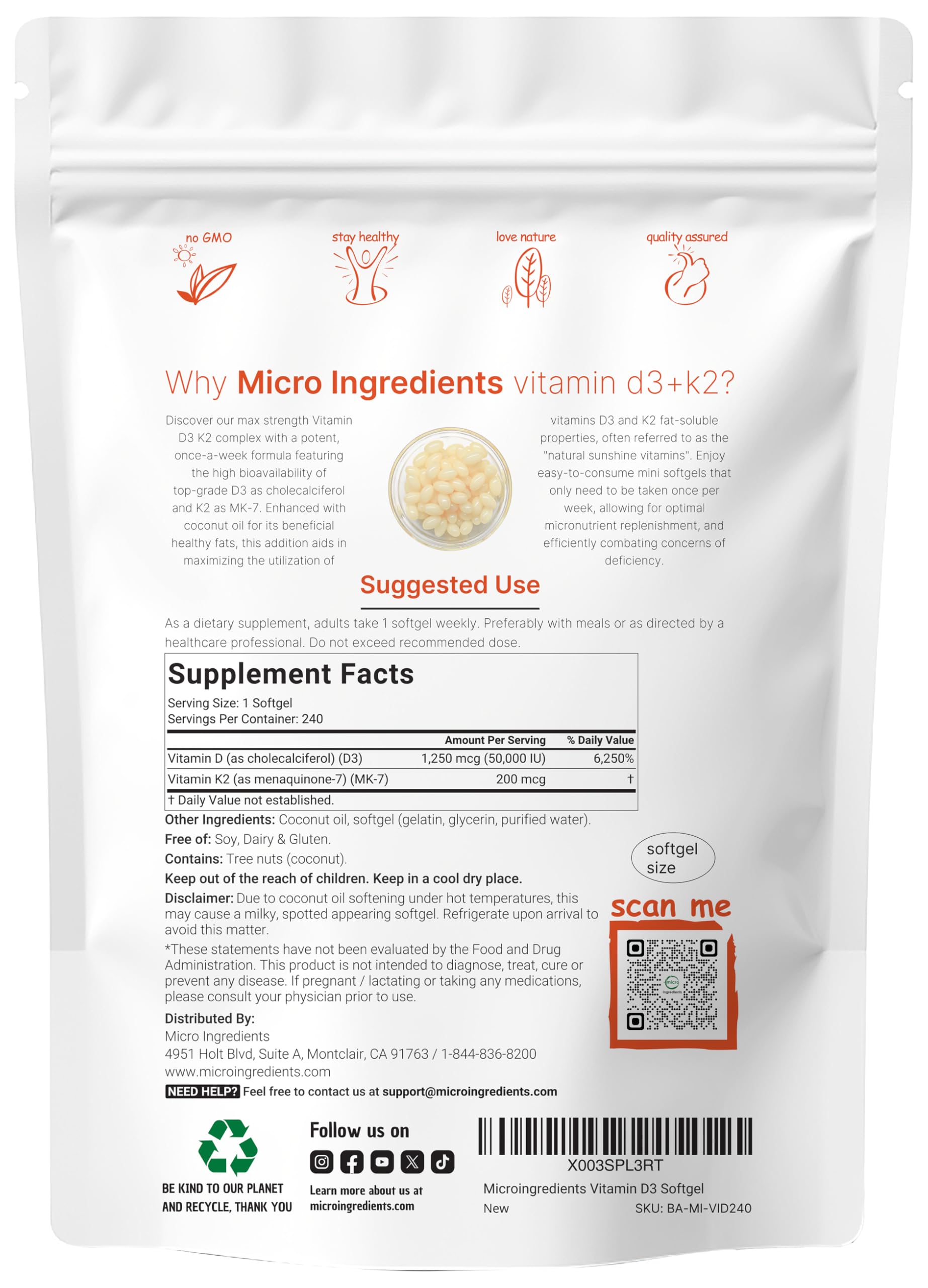 Foto 3 pulgar | Suplemento De Microingredientes: Vitamina D3, 50 000 Ui + K2, 200 Mcg - Venta Internacional.