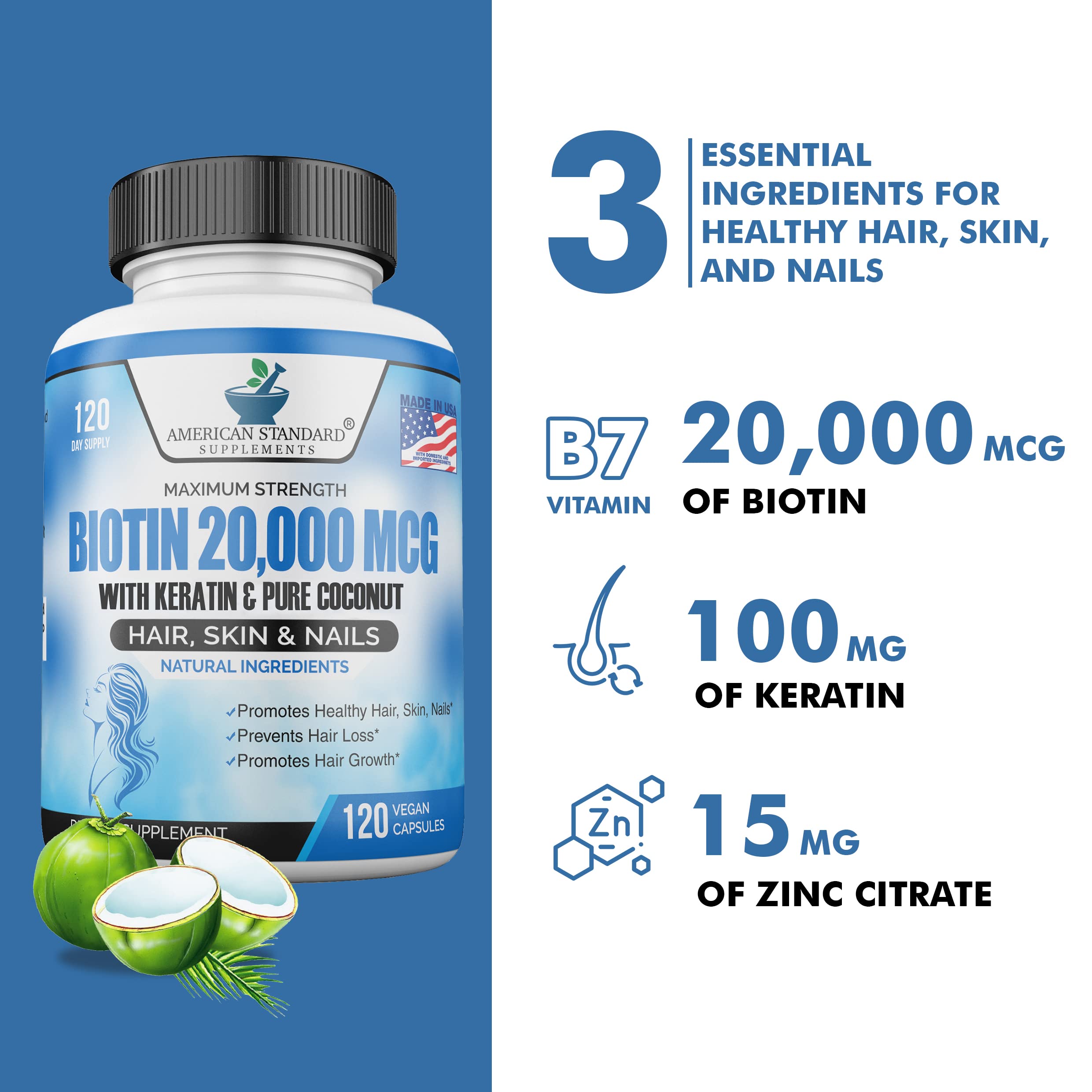 Foto 4 pulgar | Suplementos De Biotina Estándar Estadounidense De 20,000 Mcg Con Queratina - Venta Internacional.