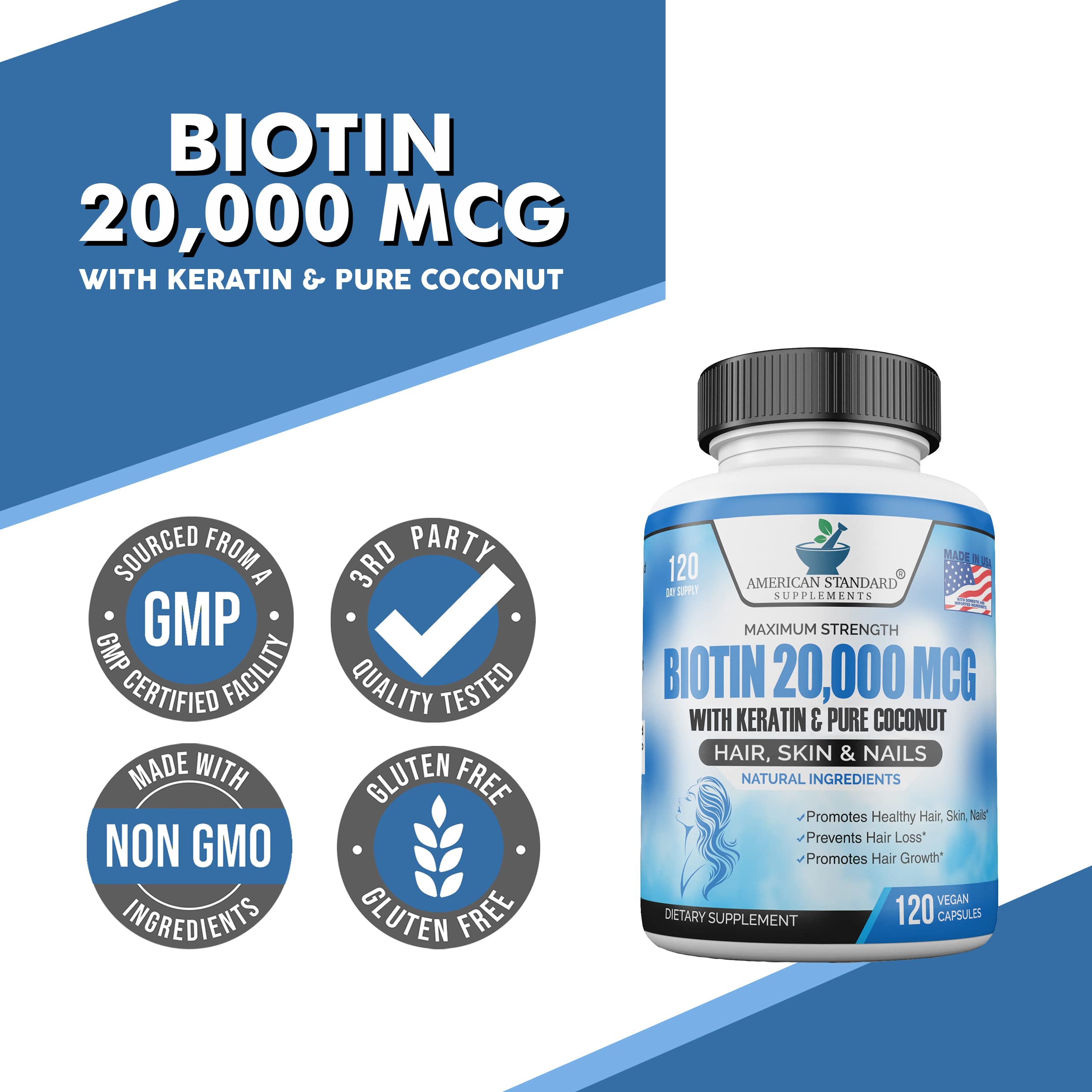 Foto 8 pulgar | Suplementos De Biotina Estándar Estadounidense De 20,000 Mcg Con Queratina - Venta Internacional.