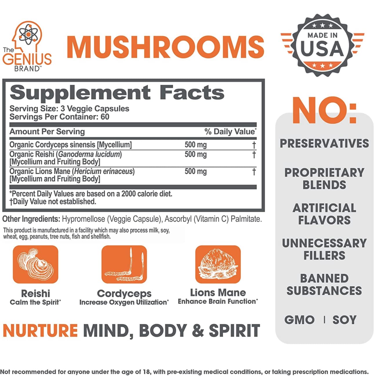 Foto 2 | Complementa 180 Píldoras Genius Mushroom De La Marca Genius - Venta Internacional.