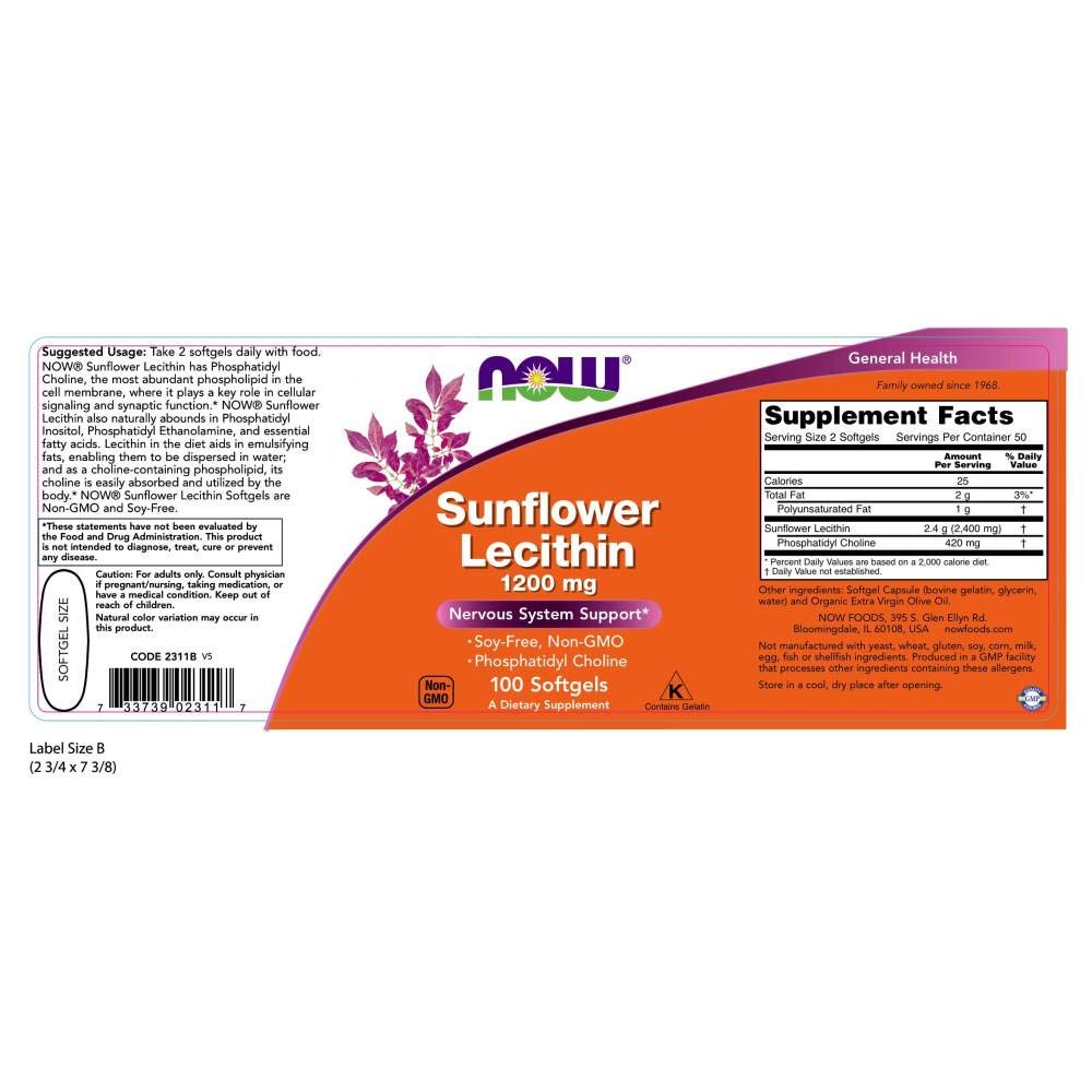 Foto 3 pulgar | Suplemento Now Foods Lecitina de Girasol 1200 Mg 100 Cápsulas Blandas - Venta Internacional